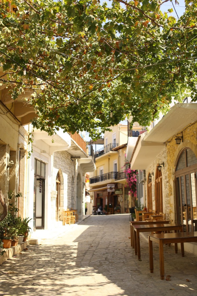 A narrow shopping street of pale stone buildings with arched shopfronts, shaded by a tree canopy.