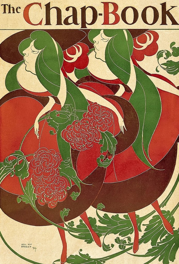 A Chap-Book cover, two women in profile among red and green art nouveau scrollwork.