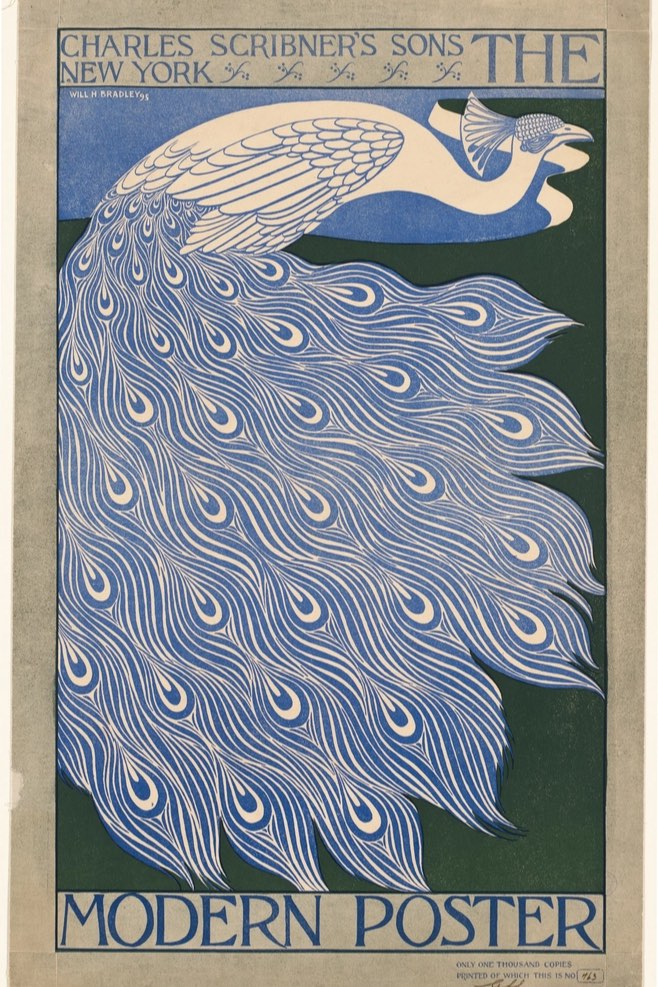 The Modern Poster cover, a white peacock with its tail fanned in blue across a green ground.