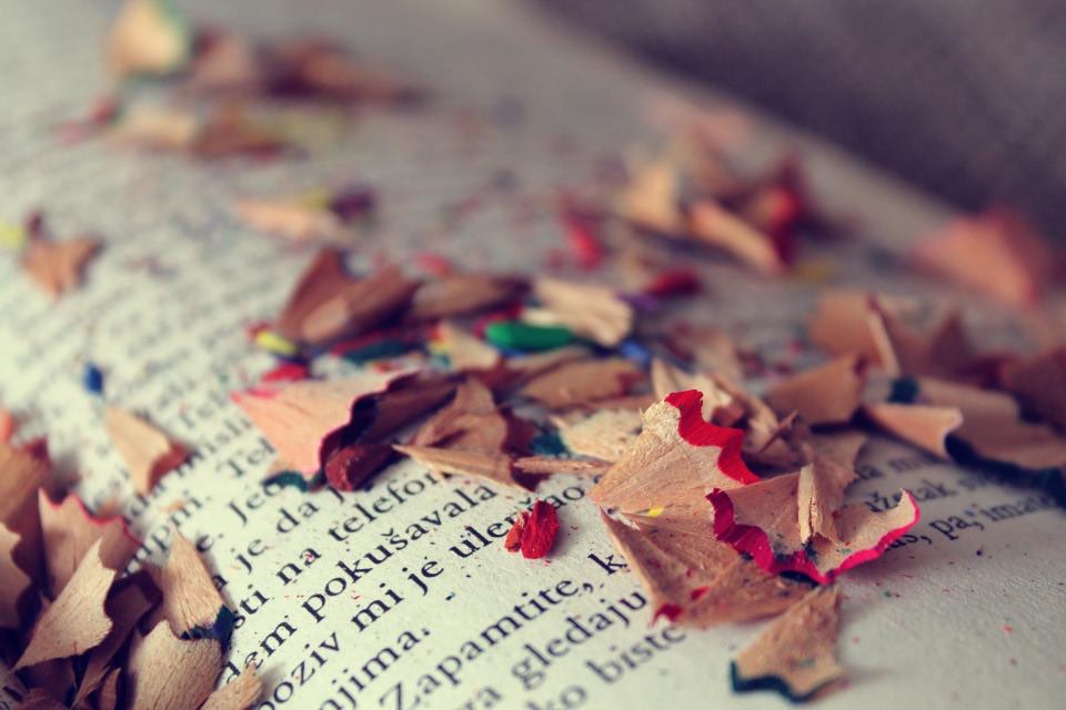 Coloured pencil shavings scattered across the open page of a book.