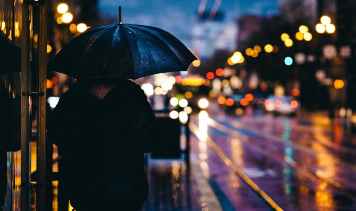 A person from behind under a black umbrella on a rainy street at night, traffic and shop lights thrown into long coloured reflections on the wet road.