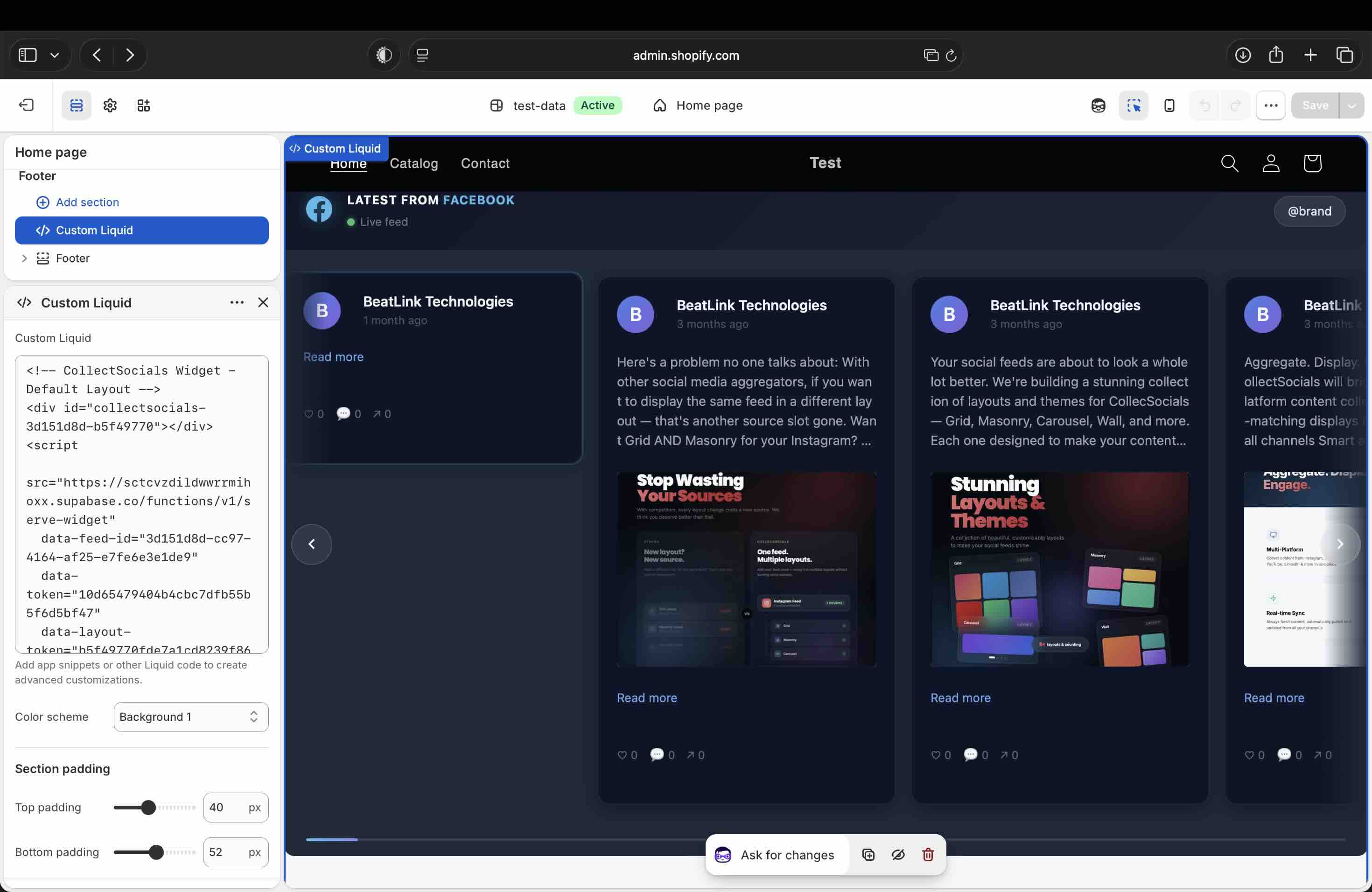 CollectSocials widget embed code pasted into a Shopify Custom Liquid section with a live preview in the theme editor
