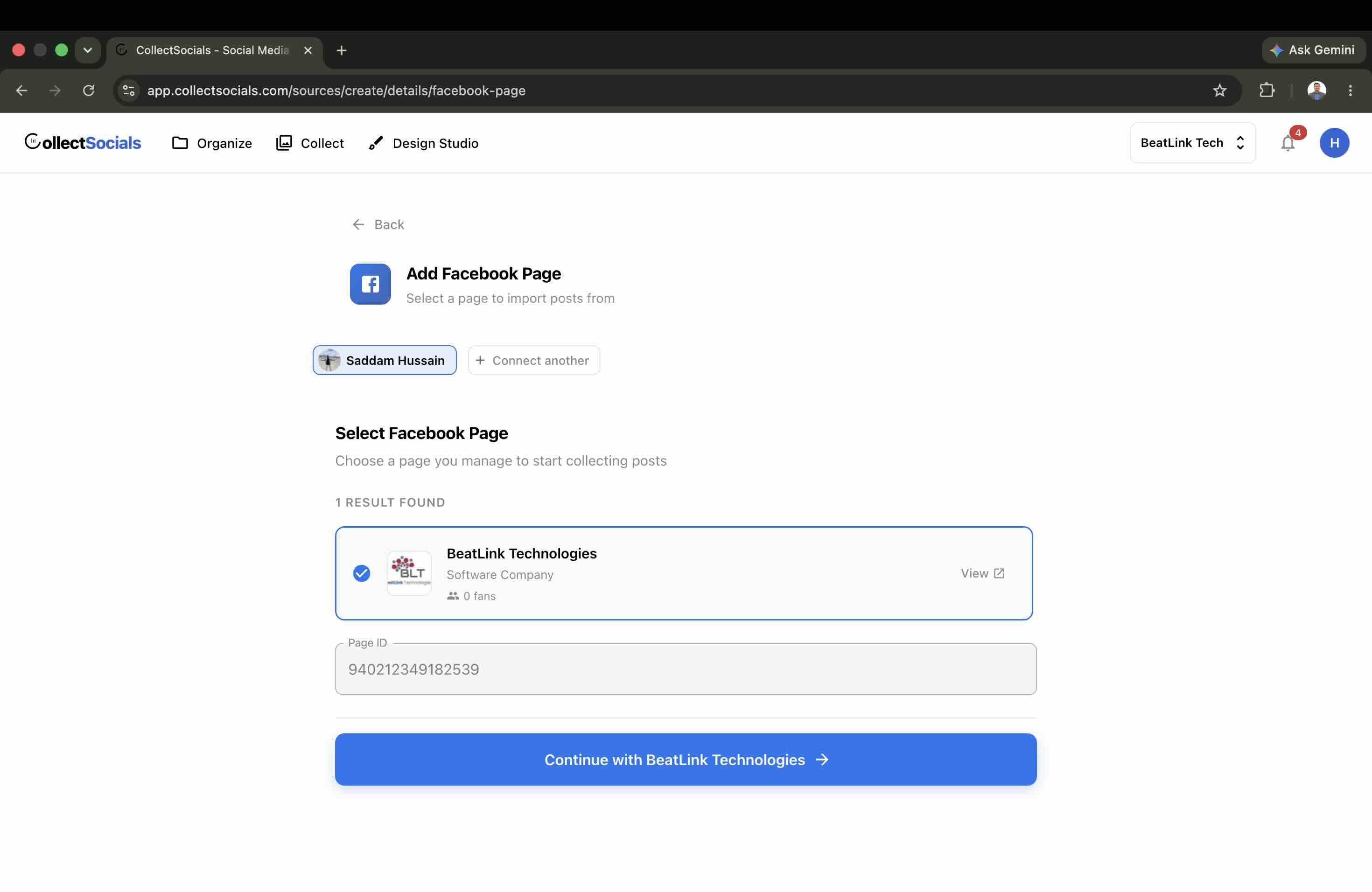 Selecting which Facebook Page to grant access to during the Meta OAuth flow