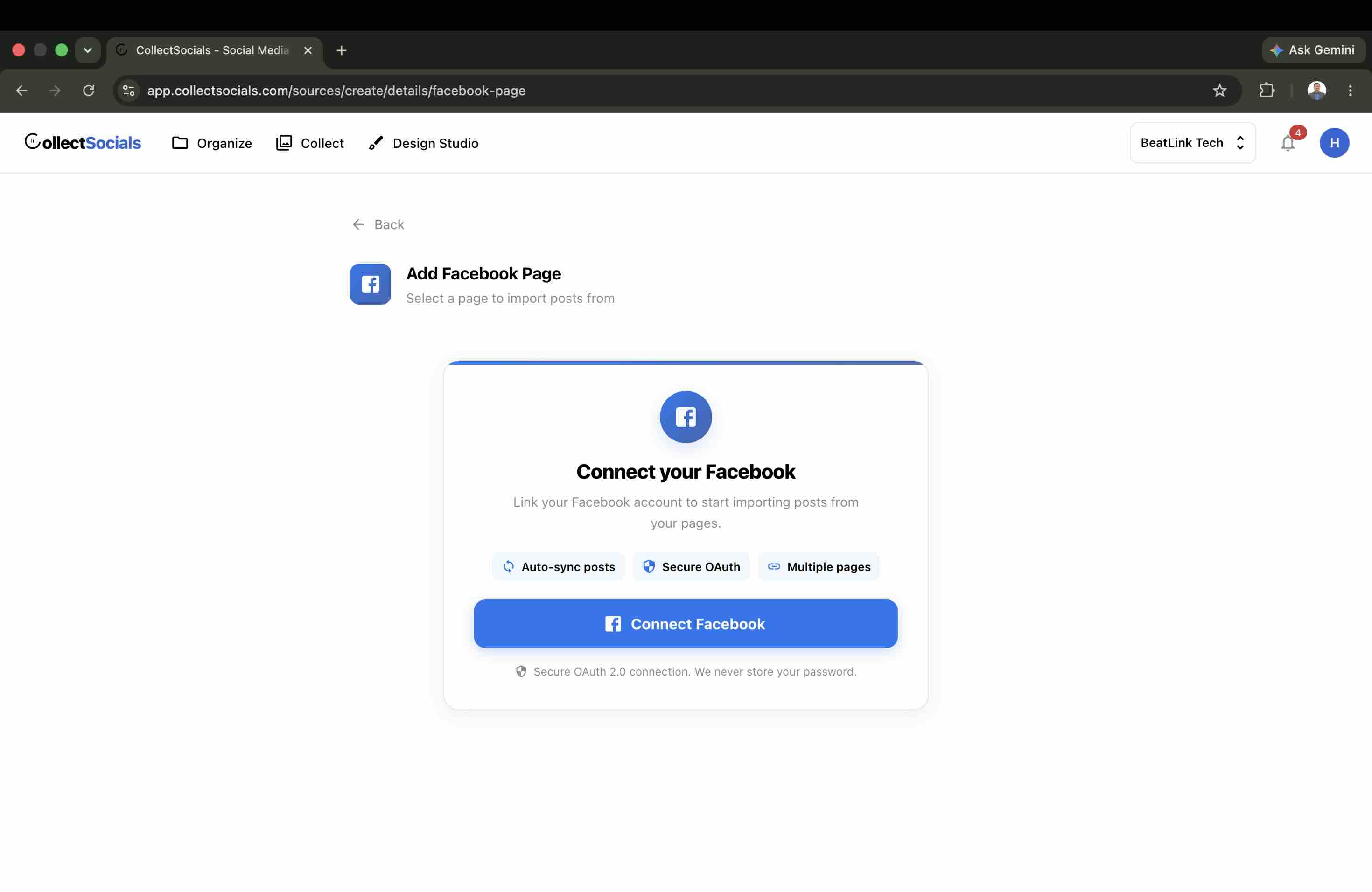 CollectSocials connect Facebook button to start the Meta OAuth flow