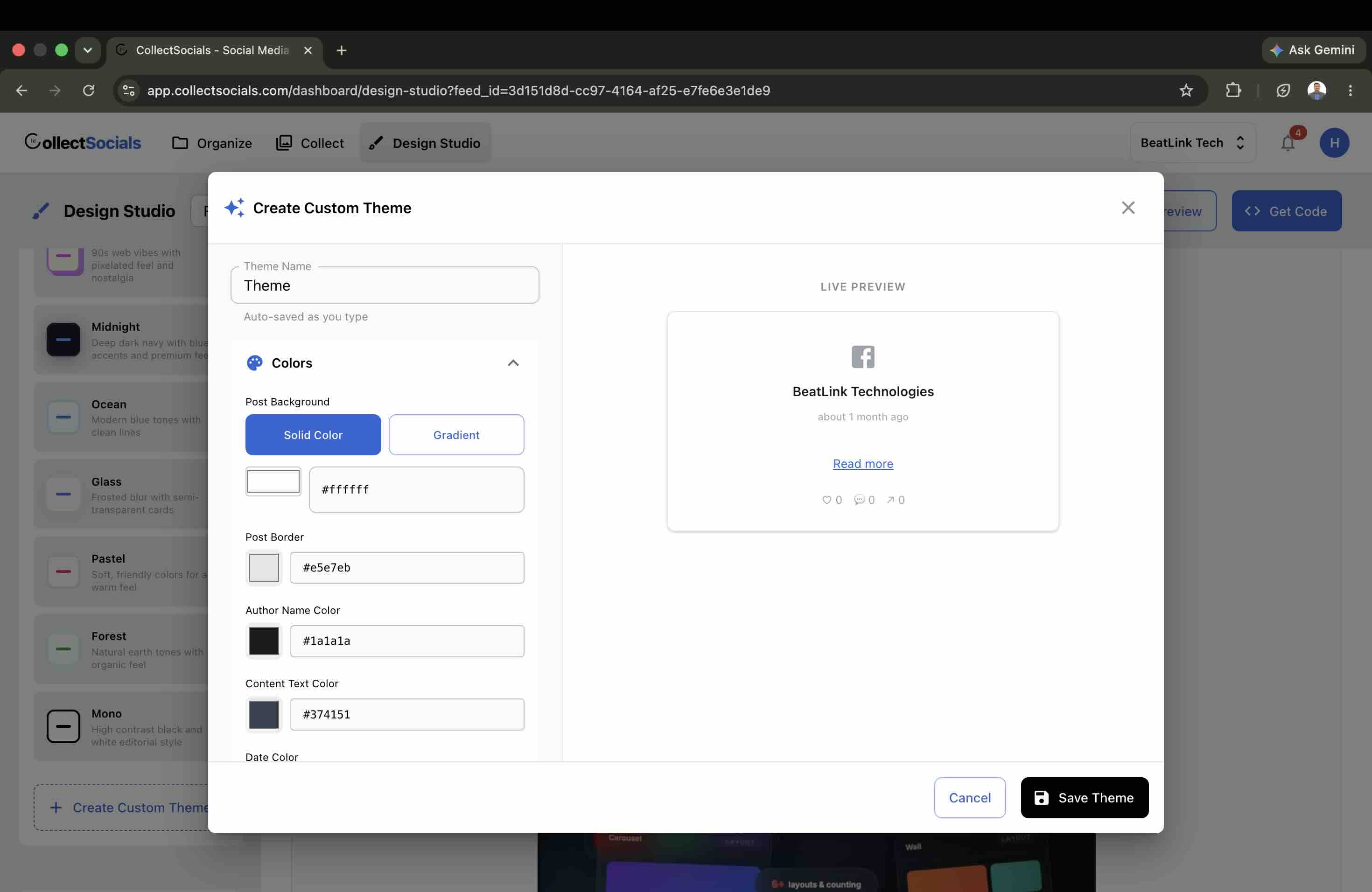 Using the CollectSocials custom theme builder to match a Wix template’s design language