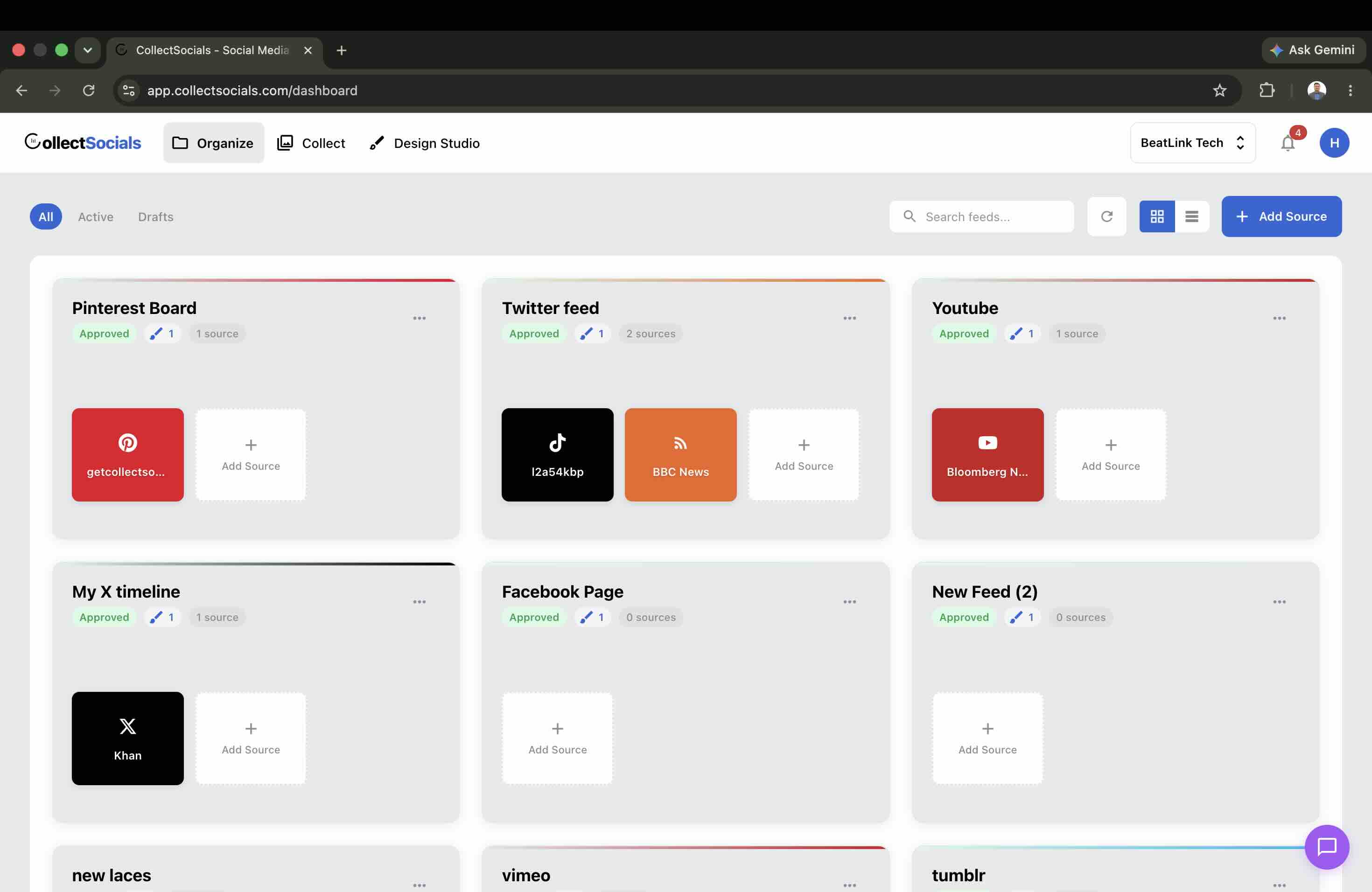 CollectSocials dashboard where you create a feed to embed a Facebook page on a Wix site