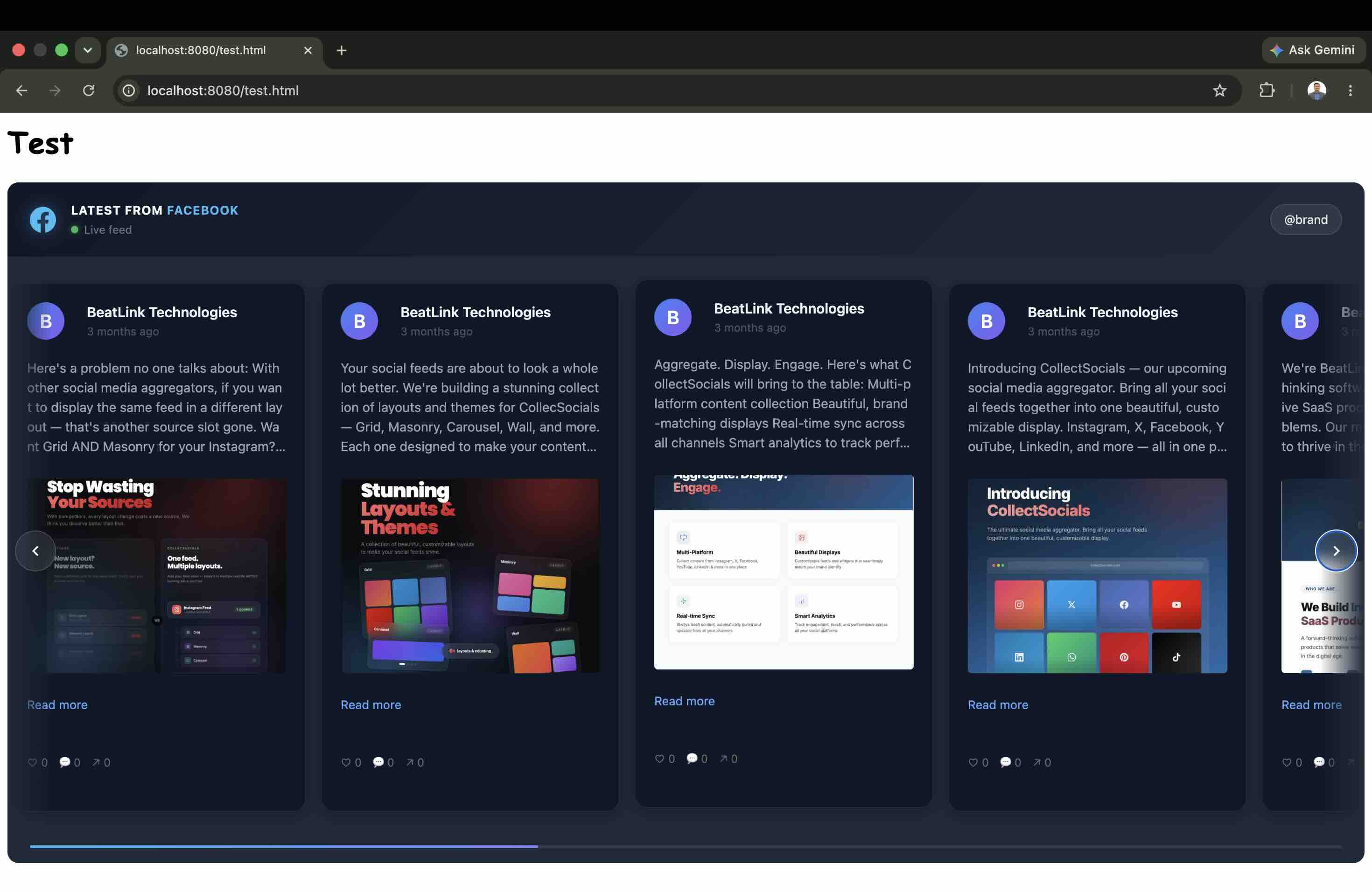 CollectSocials full-width branded Facebook feed in a dark carousel layout with a live feed indicator