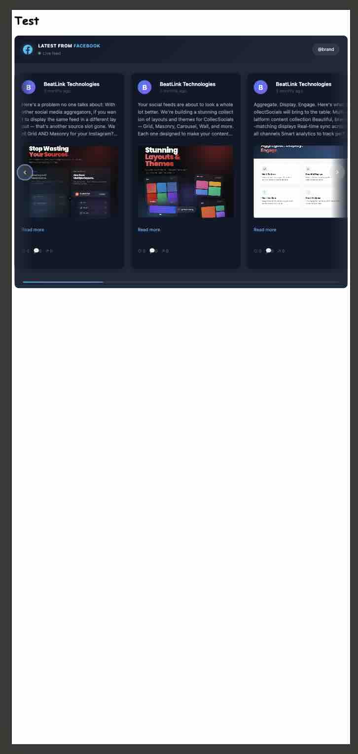 CollectSocials Facebook feed on iPhone 12 Pro emulation filling the viewport edge to edge