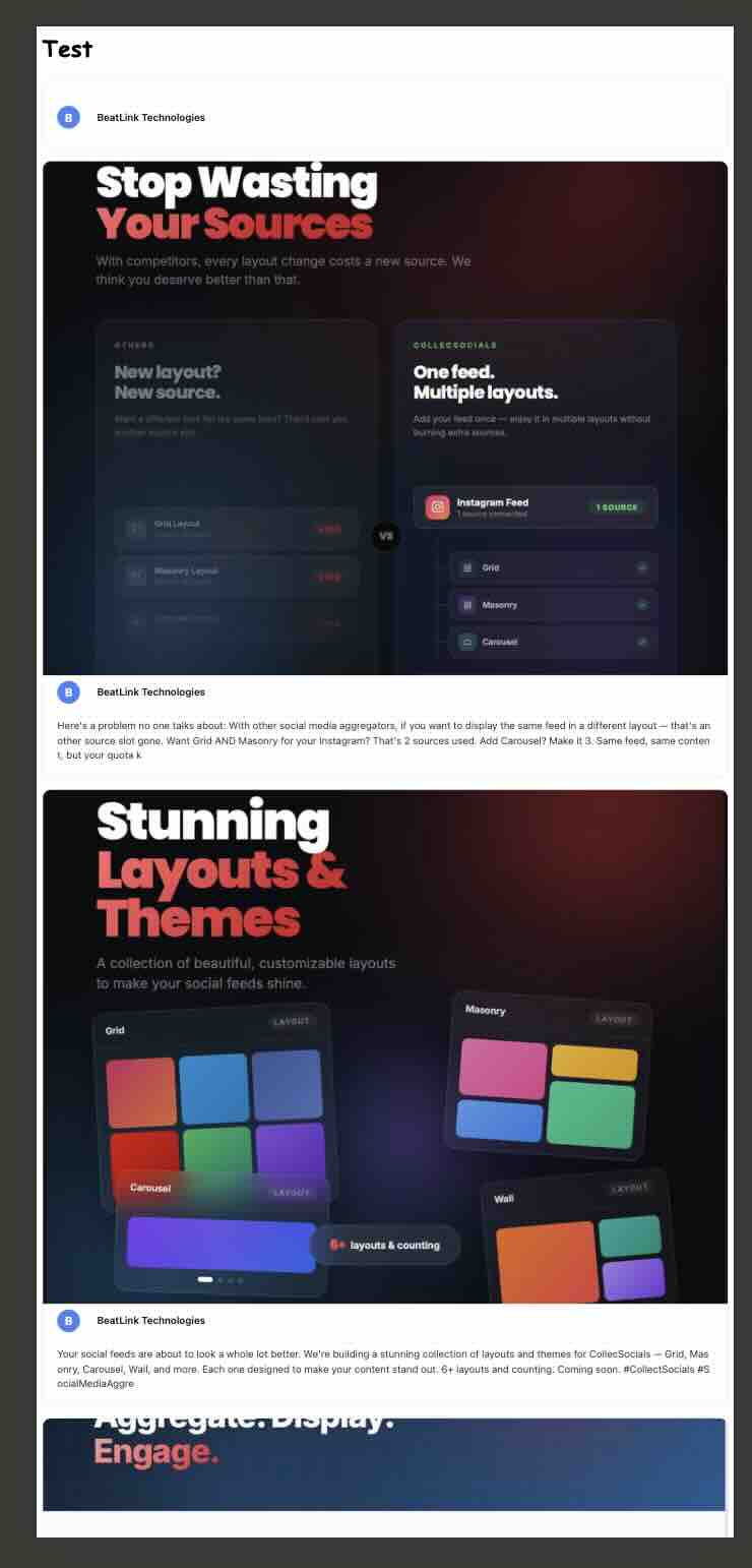 CollectSocials Facebook feed on iPhone 12 Pro in vertical list layout filling the viewport