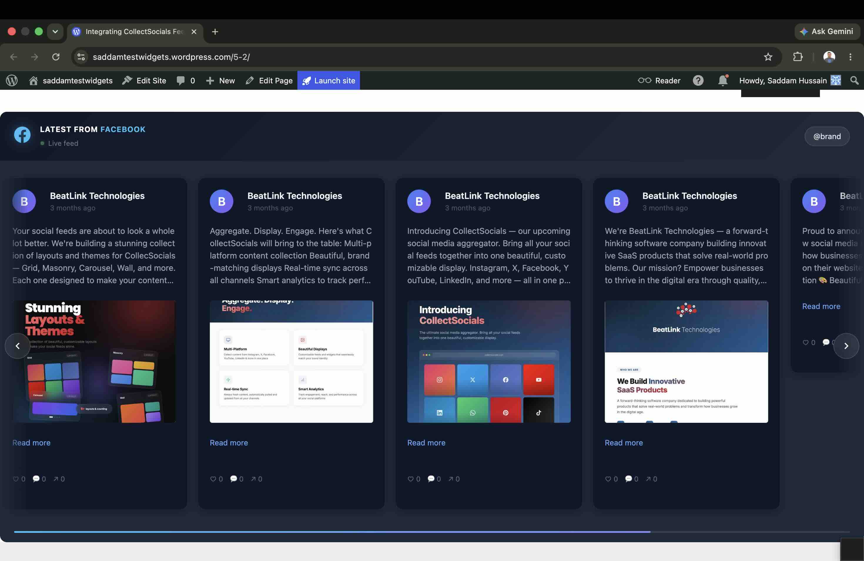 CollectSocials Facebook feed widget rendering full-width and live on a WordPress site