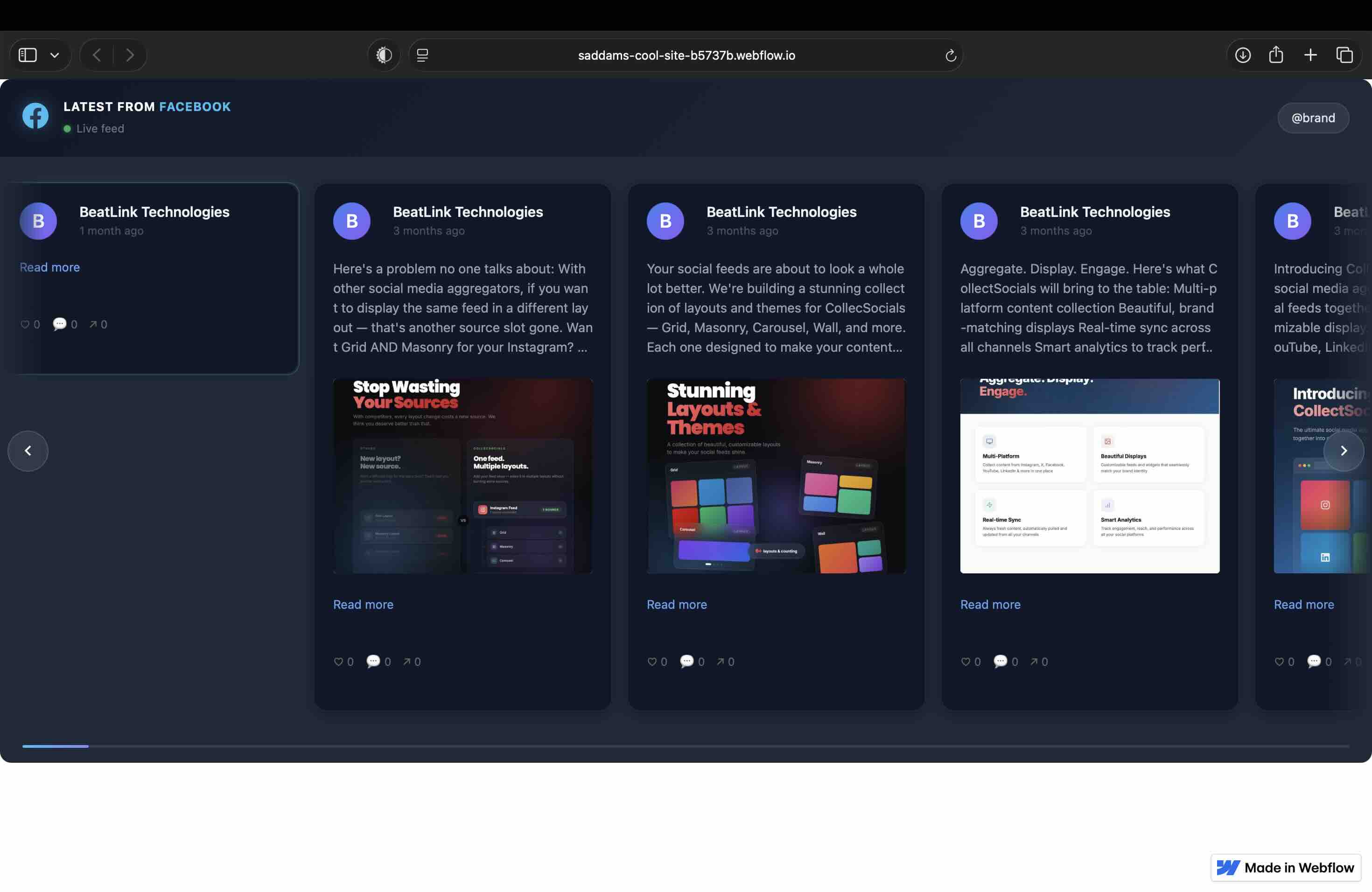 CollectSocials Facebook feed rendering full-width and live on a published Webflow site