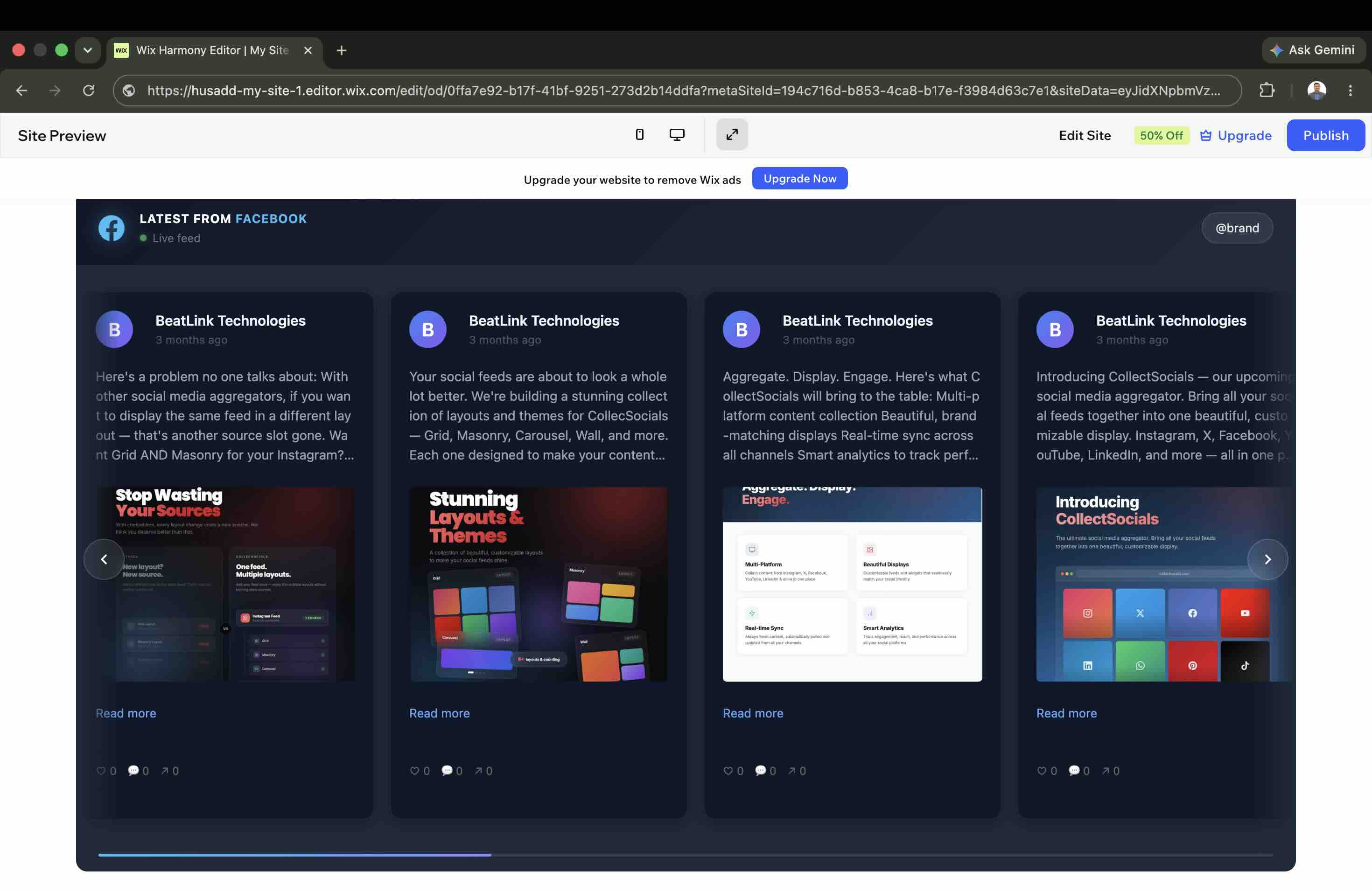 A CollectSocials Facebook feed rendering live and full-width on a published Wix site