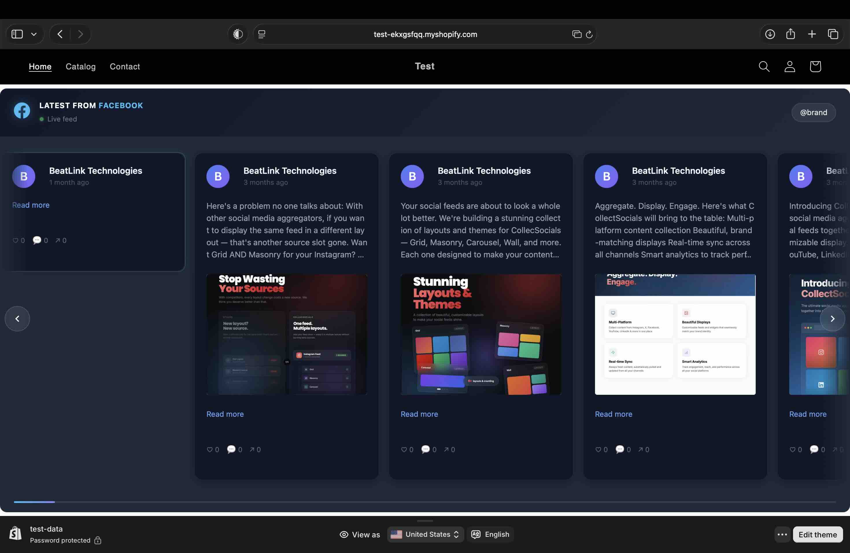 CollectSocials Facebook feed rendering full-width and live on a Shopify storefront homepage