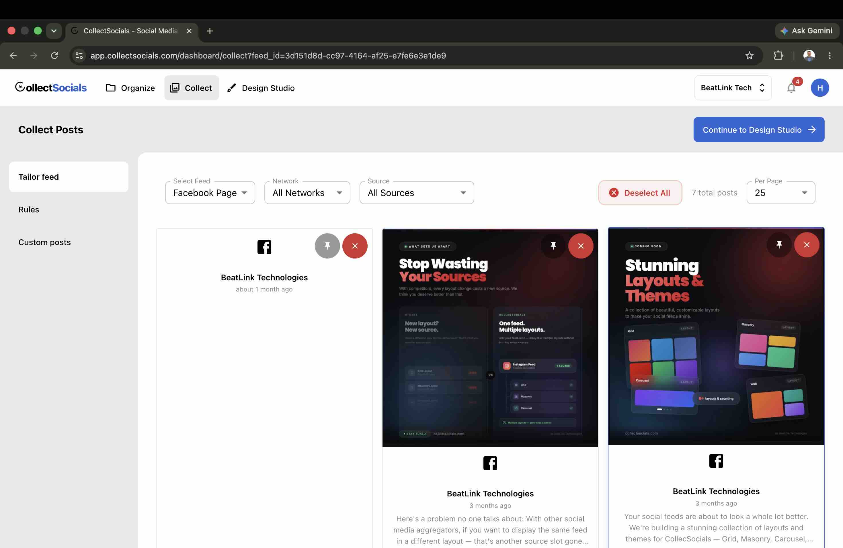 Curating Facebook posts on the CollectSocials Collect page before they appear on a Wix site