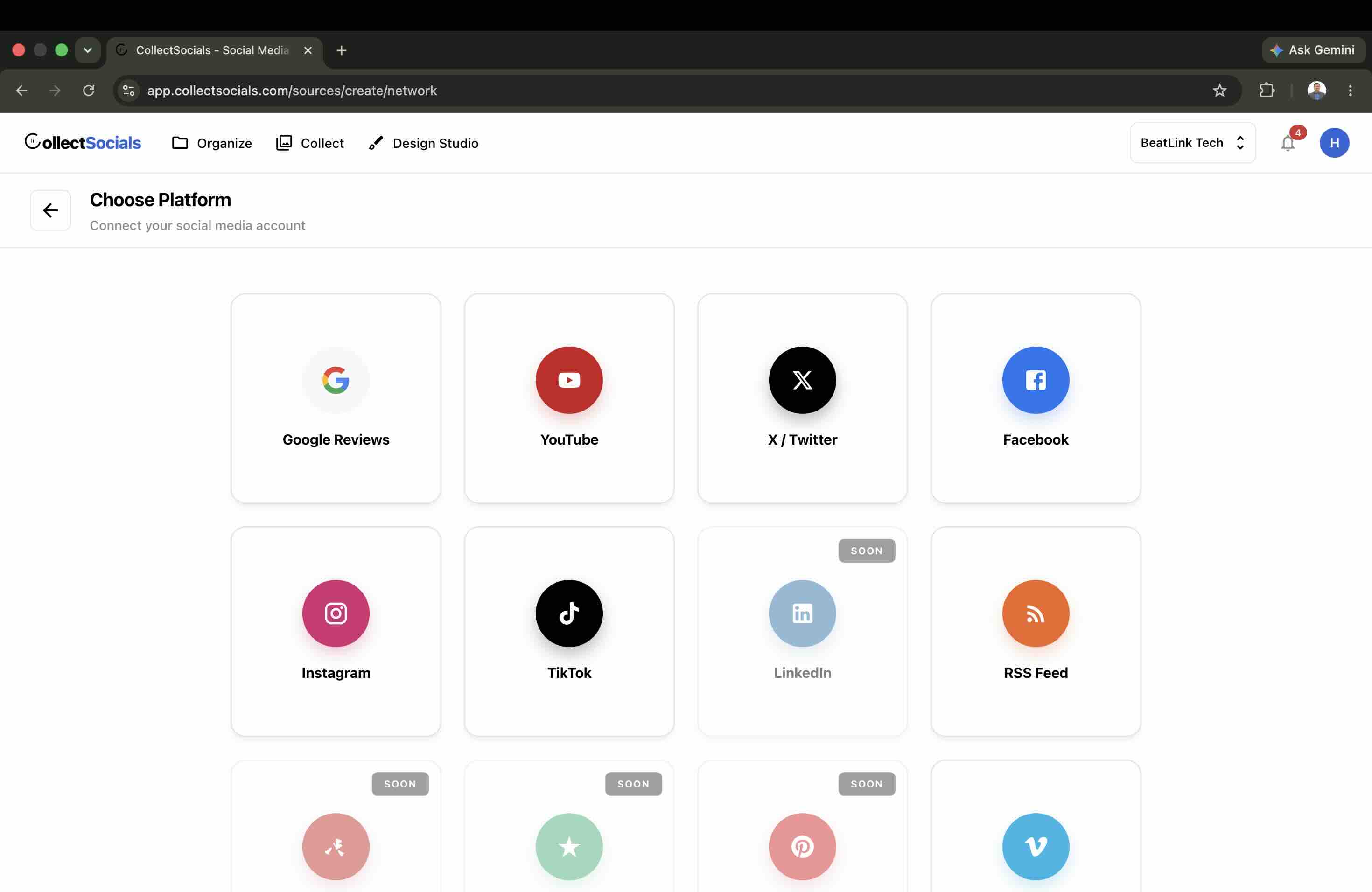 Adding Facebook as a source in CollectSocials before embedding the feed on Wix