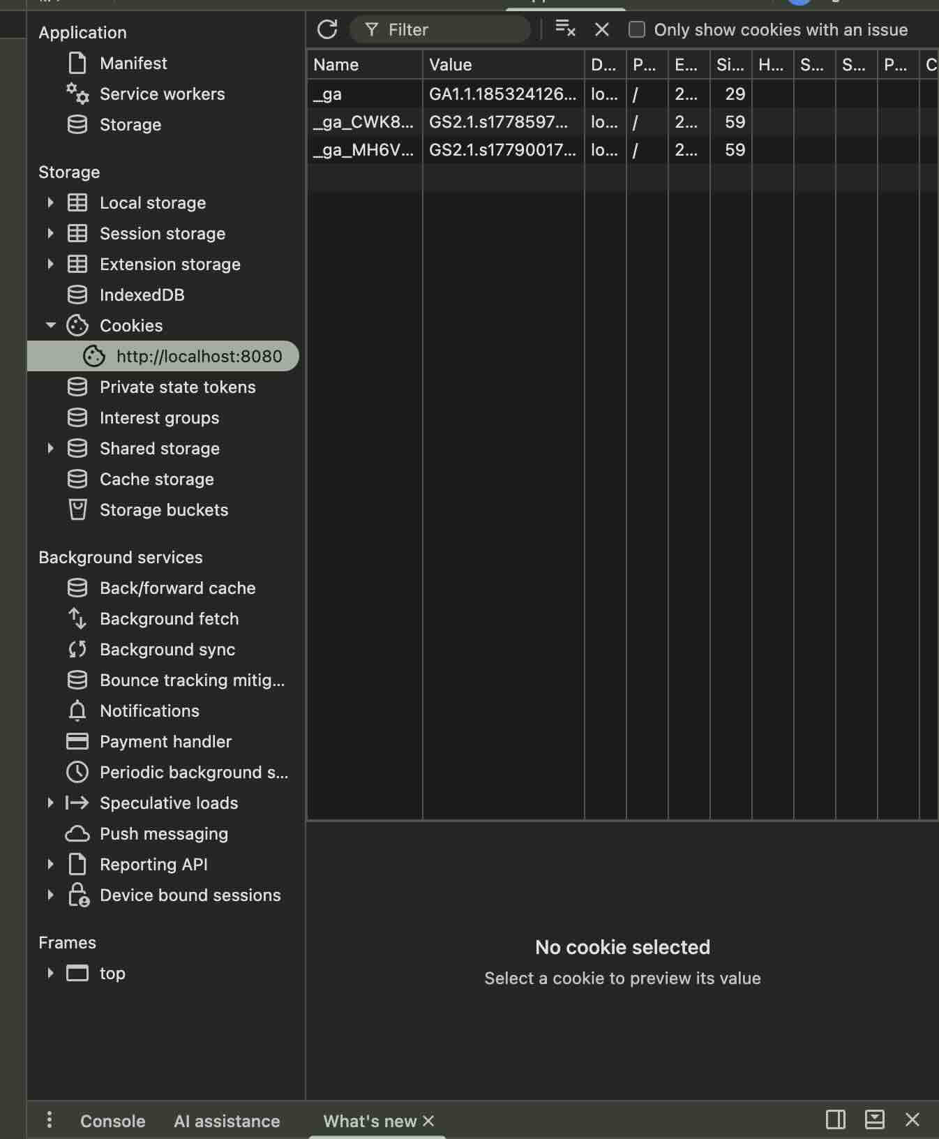 DevTools cookies panel showing no facebook.com domain at all with the CollectSocials widget, only the site's own analytics cookies