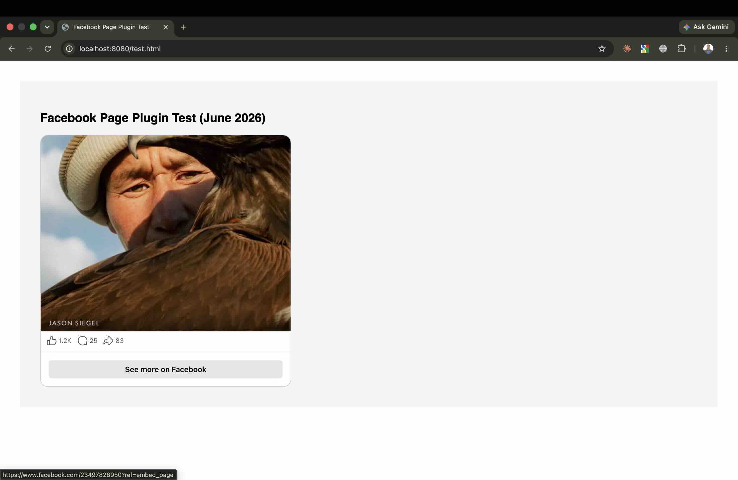 Facebook Page Plugin capped at 500px inside a 1179px-wide page, leaving roughly 680px of empty grey space to the right