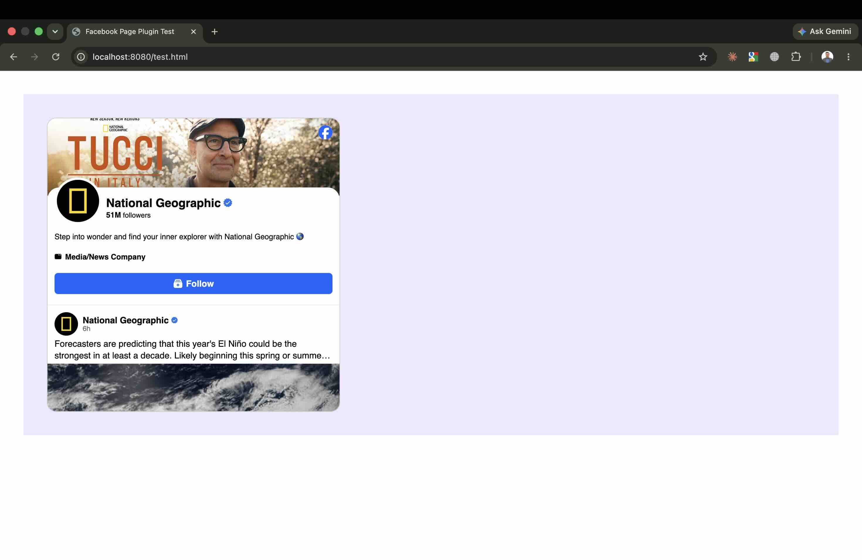 A page with an injected purple background and red serif fonts, while the Facebook Page Plugin inside its iframe stays pixel-for-pixel unchanged