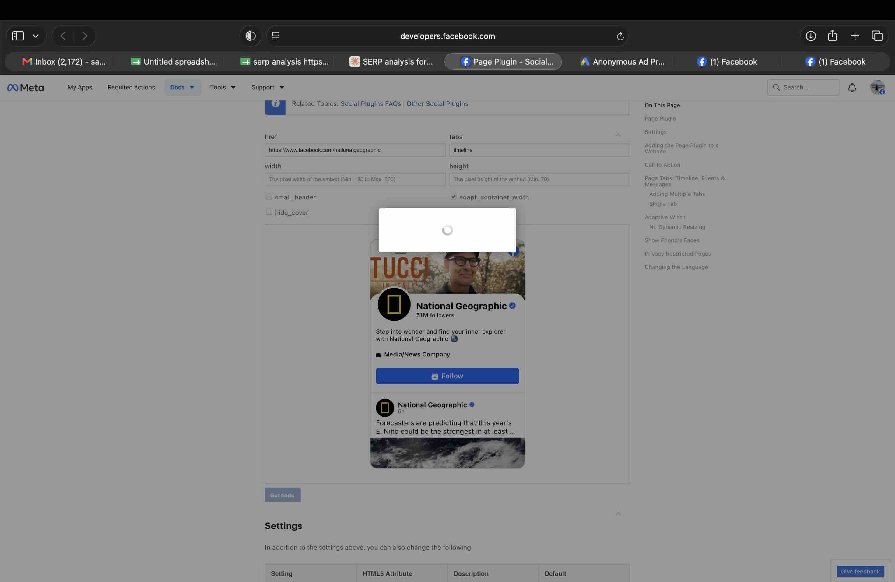 Facebook Page Plugin Get Code modal showing a spinner that never returns any embed code