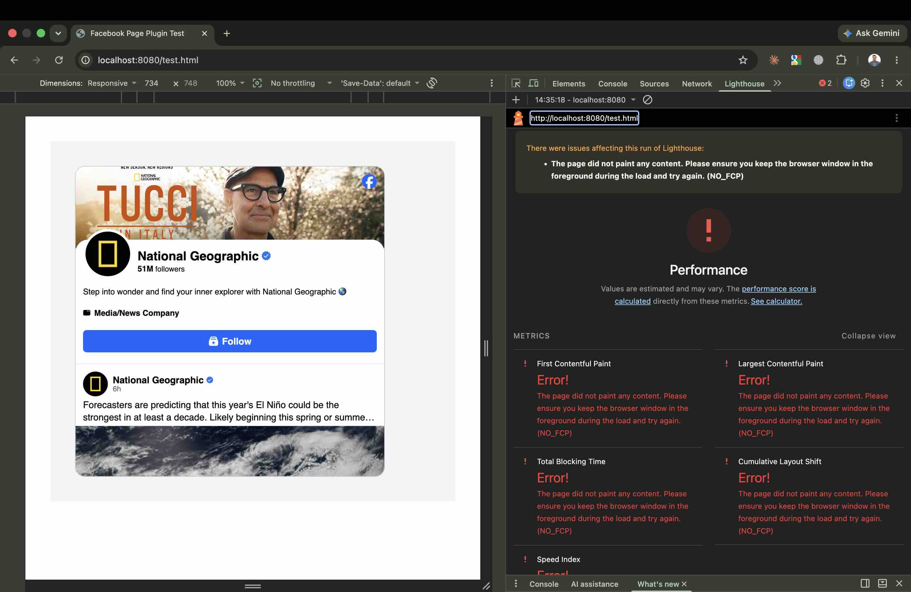 Lighthouse report failing with NO_FCP errors for the Facebook Page Plugin page
