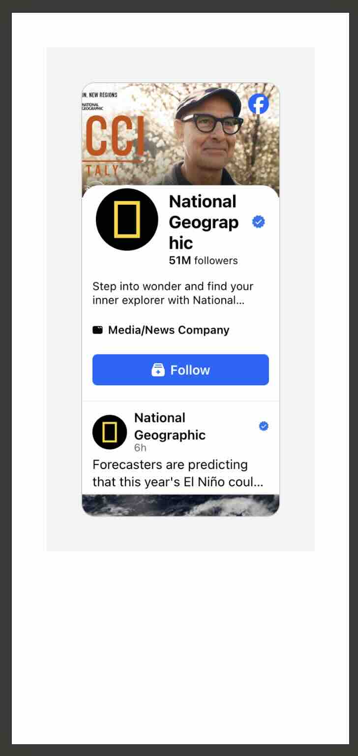 Facebook Page Plugin on iPhone 12 Pro emulation with the page name wrapping across three lines and dead white space below
