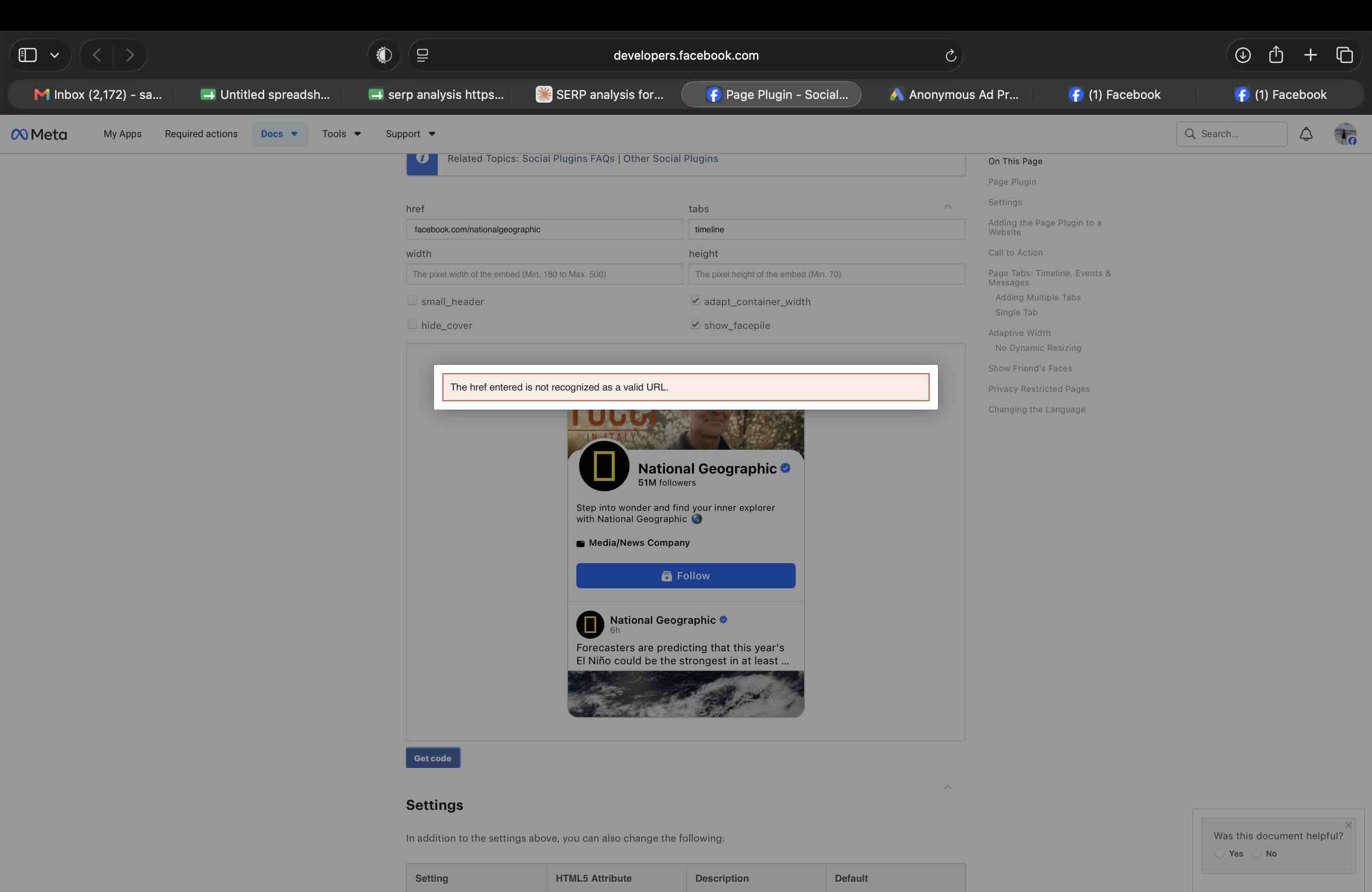 Facebook Page Plugin configurator showing the error The href entered is not recognized as a valid URL while the preview still renders the page