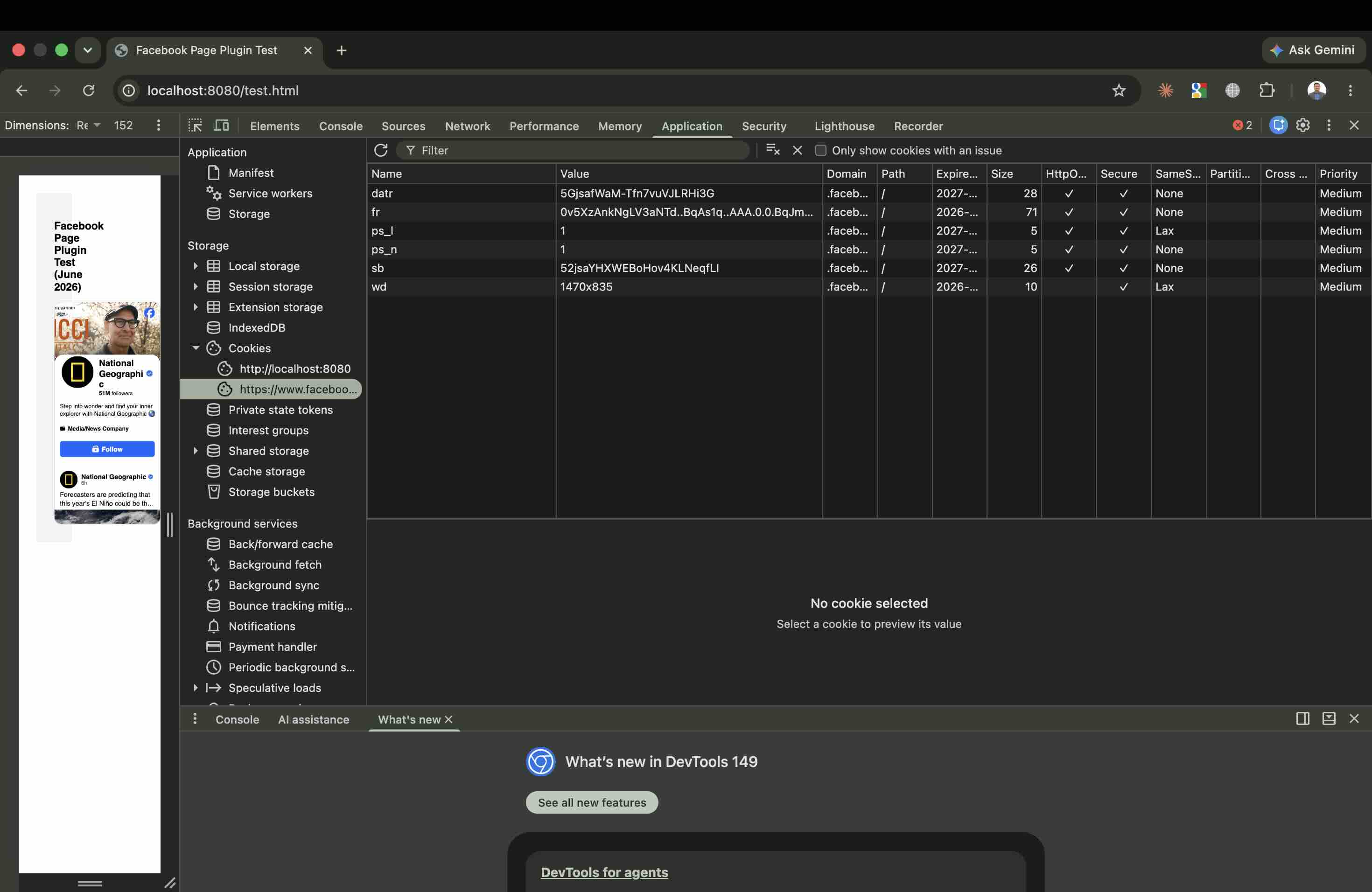 DevTools cookies panel showing six .facebook.com cookies set by the Facebook Page Plugin on load: datr, fr, ps_l, ps_n, sb, and wd recording screen dimensions 1470x835