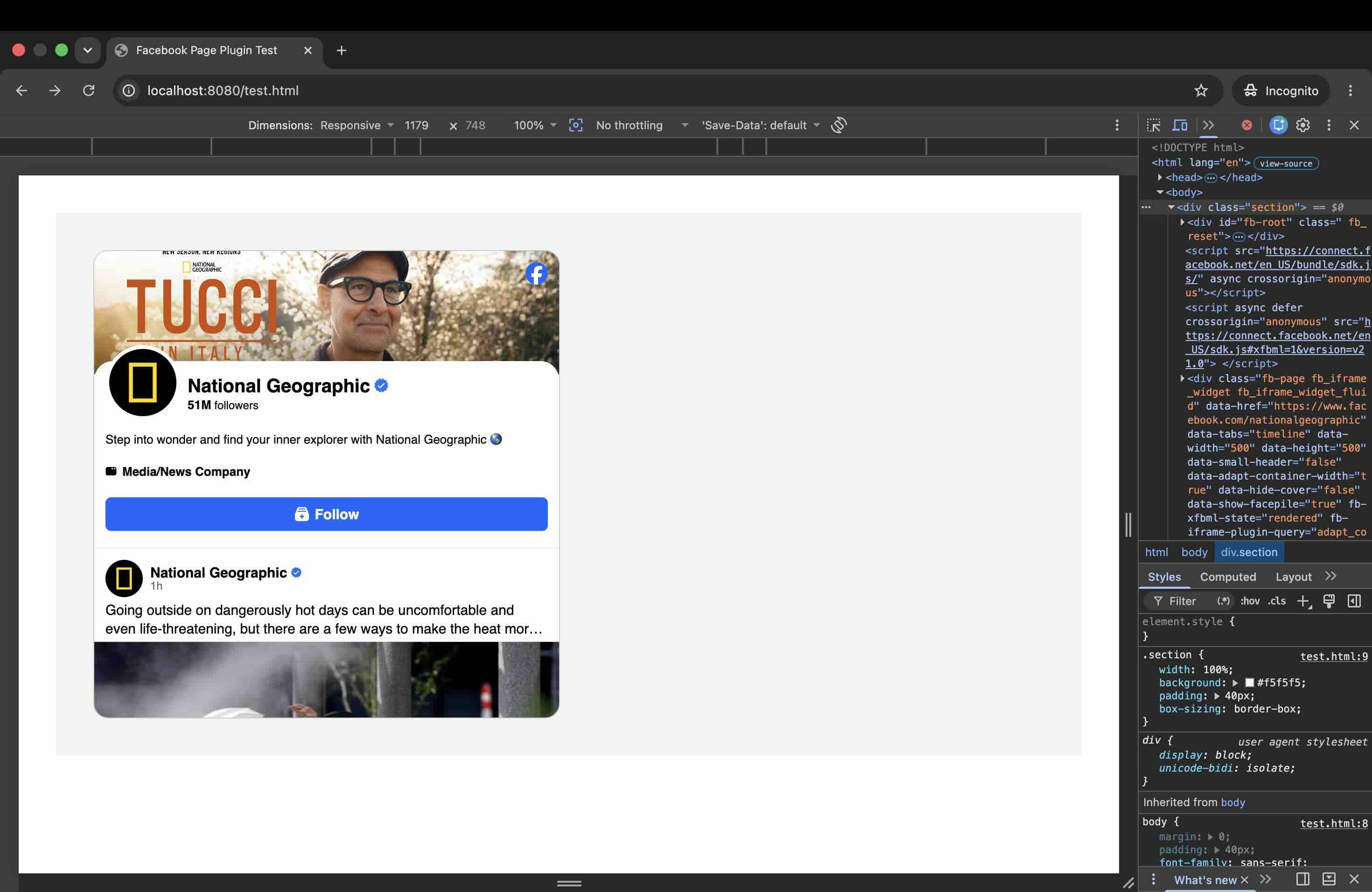 Facebook Page Plugin frozen at its initial narrow width inside a 1179px viewport, shown in incognito