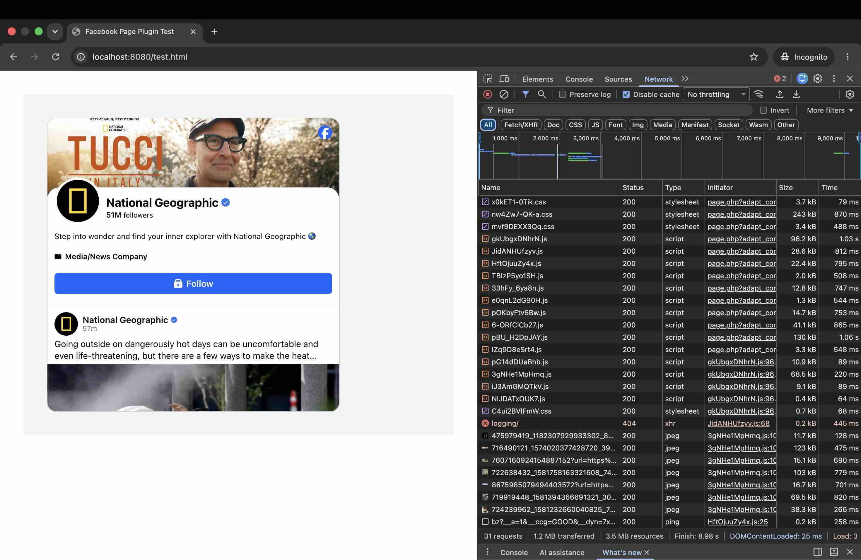 DevTools network tab (All filter, incognito) for the Facebook Page Plugin, footer showing 31 requests, 1.2 MB transferred, 3.5 MB resources, finish 8.98s and DOMContentLoaded 25ms, with a 404 logging request visible