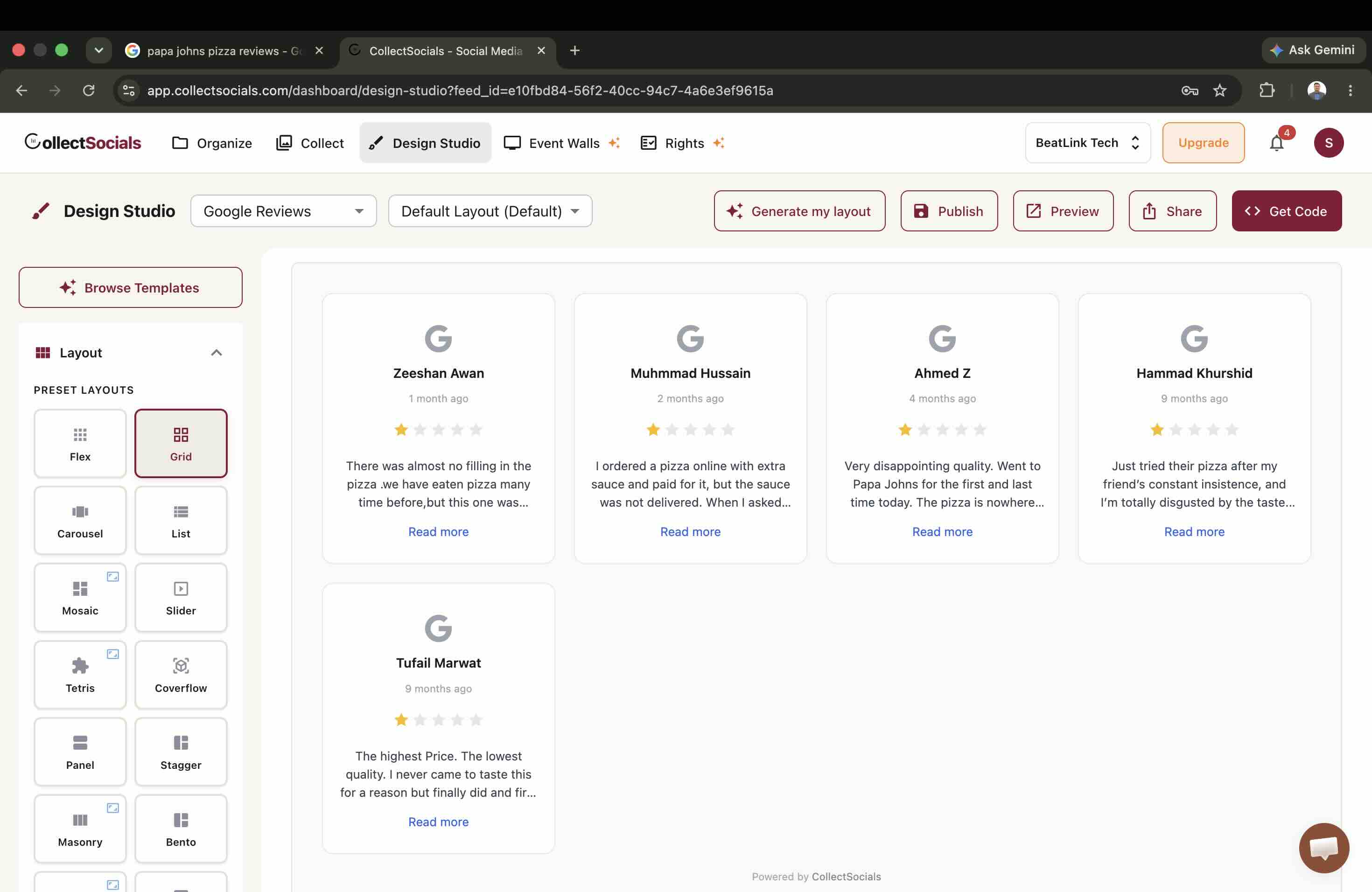 CollectSocialsのDesign StudioでGridレイアウトを選択した状態。同じGoogleレビューのカードが5枚並び、いずれも5つ星のうち1つだけが点灯している。左側にはFlex、Grid、Carousel、List、Mosaic、Sliderなどのプリセットレイアウトの一覧が開いている。