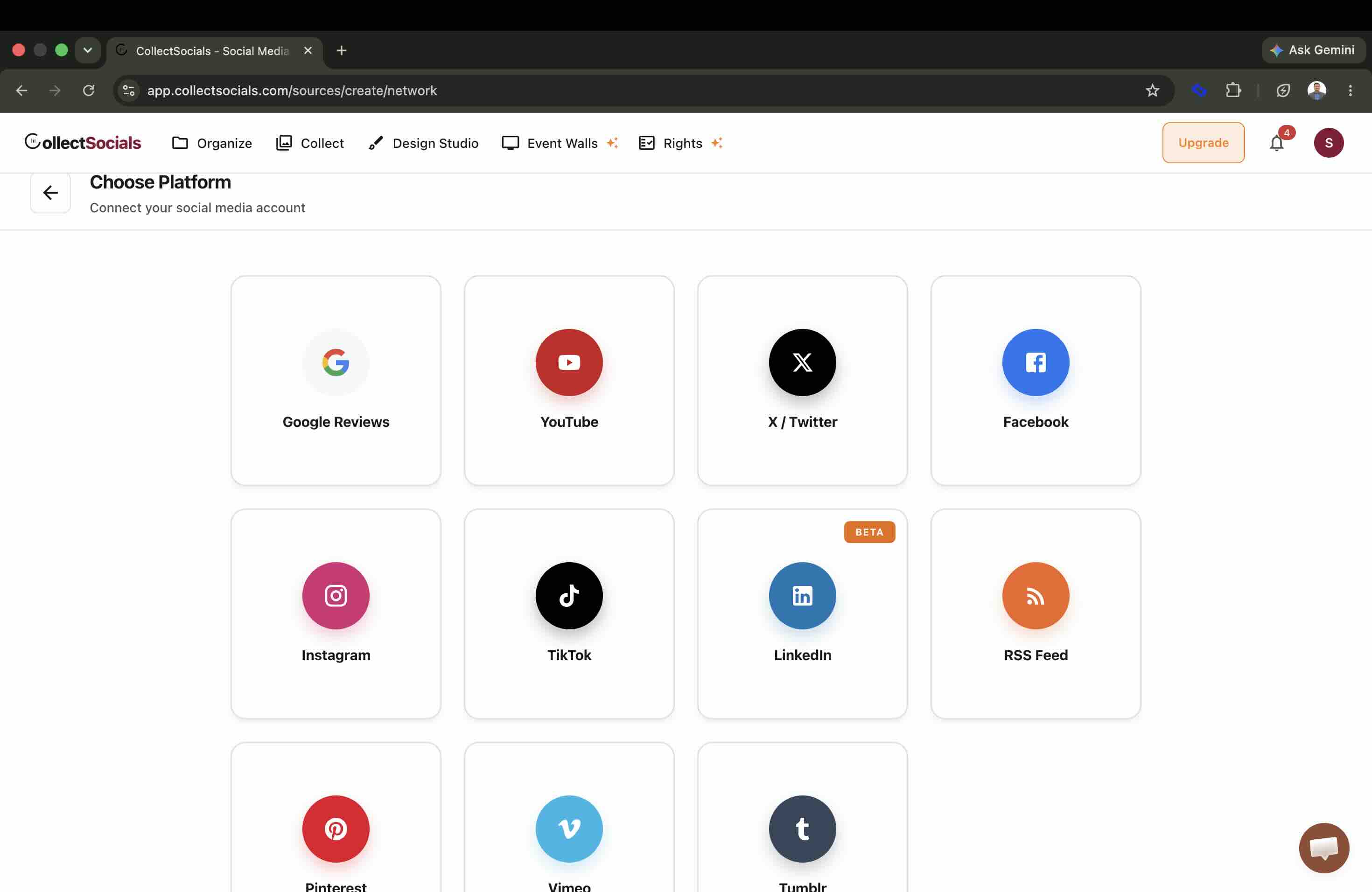 CollectSocials Choose Platform grid showing Google Reviews, YouTube, X/Twitter, Facebook, Instagram, TikTok, LinkedIn marked Beta, RSS Feed, Pinterest, Vimeo and Tumblr