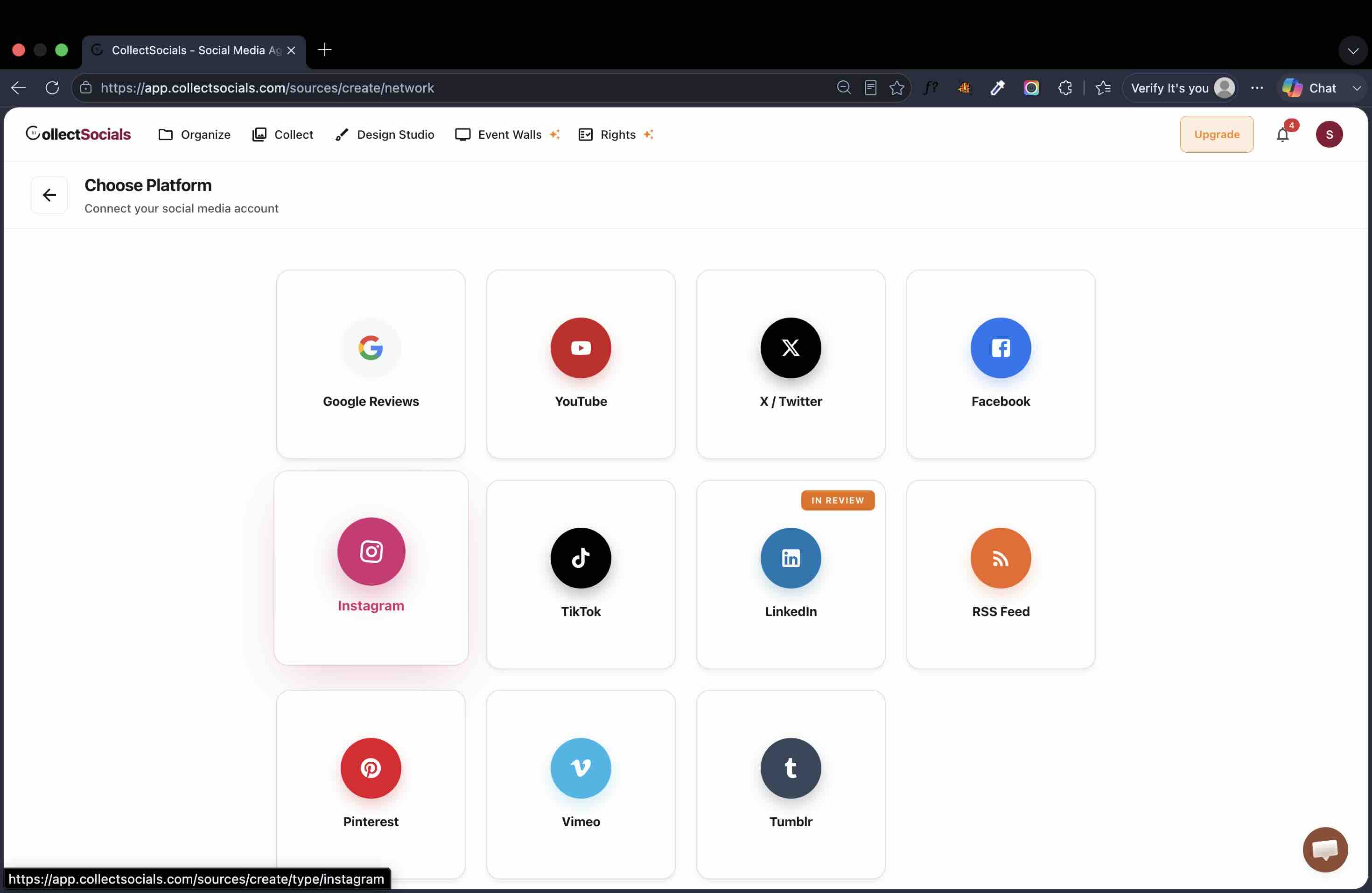 The Choose Platform grid with Instagram hovered, alongside Google Reviews, YouTube, X/Twitter, Facebook, TikTok, LinkedIn badged IN REVIEW, RSS Feed, Pinterest, Vimeo and Tumblr