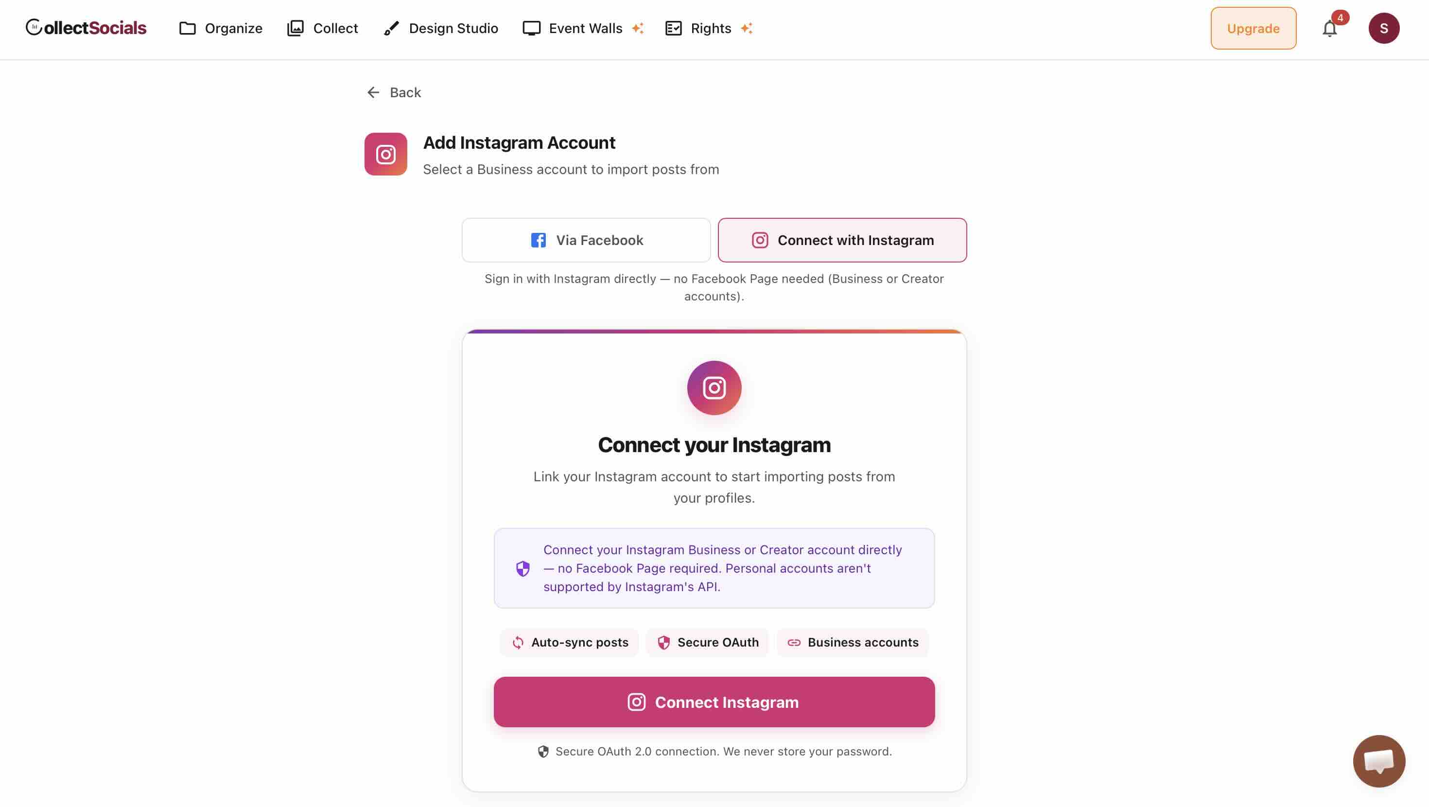 CollectSocialsの「Add Instagram Account」画面。Via FacebookとConnect with Instagramの2つの接続方法が並び、Business/CreatorアカウントならFacebookページは不要と説明されている