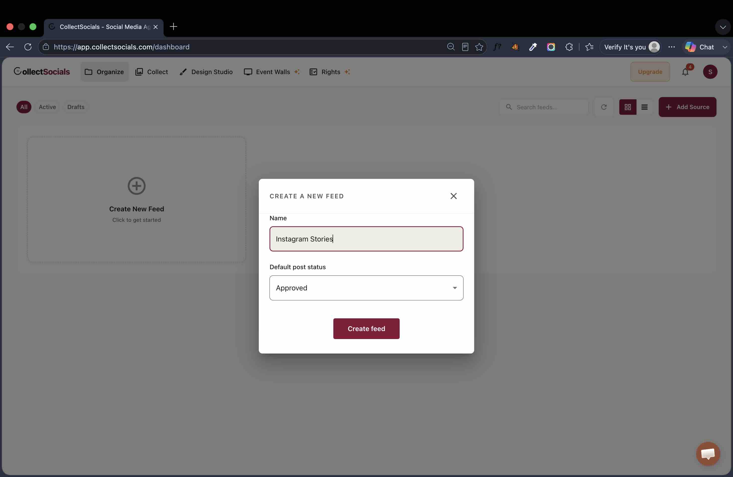 The Create a new feed dialog over an empty CollectSocials dashboard, with the name typed as "Instagram Stories" and Default post status set to Approved