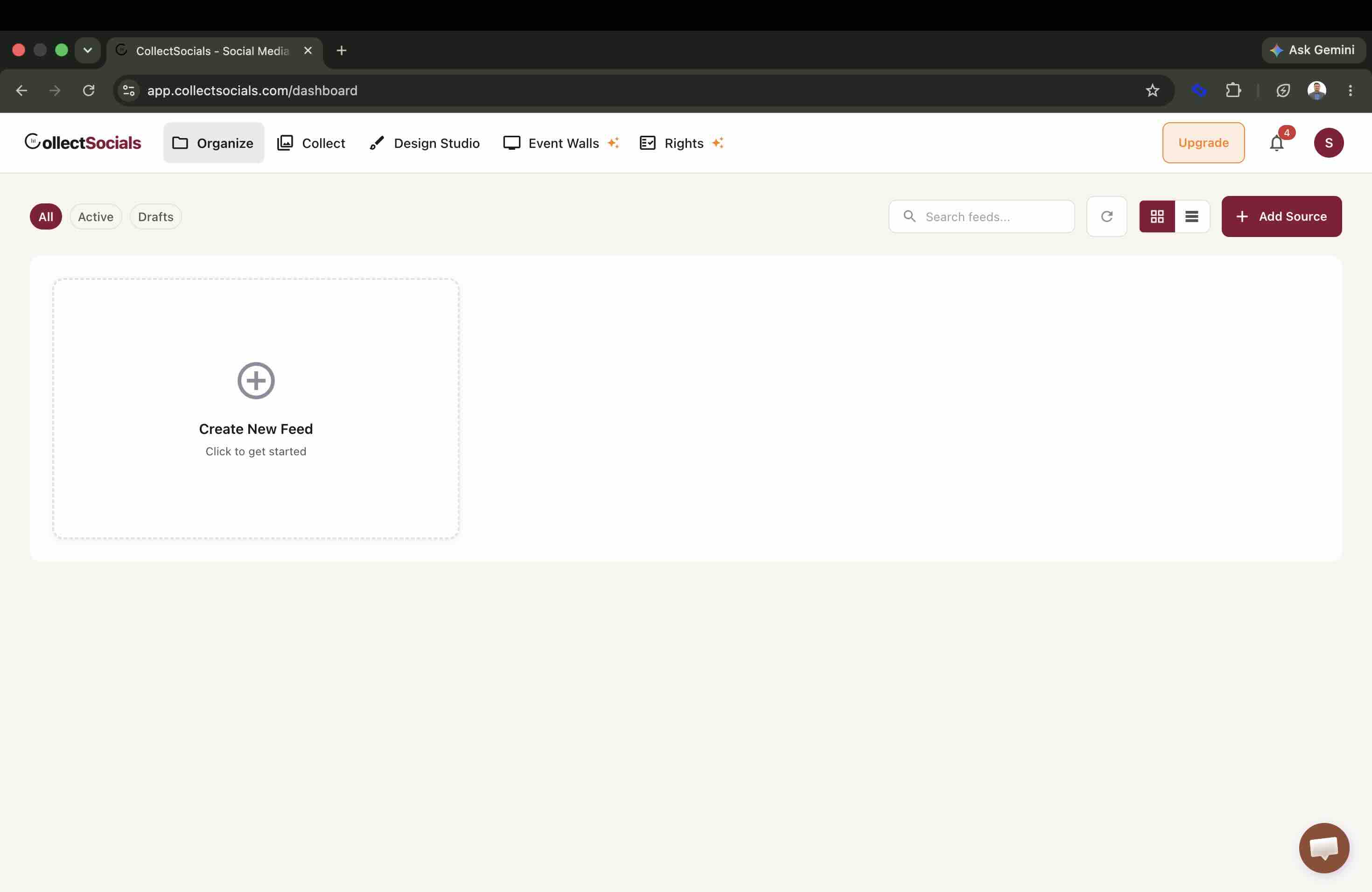 Empty CollectSocials dashboard with a single Create New Feed tile and an Add Source button