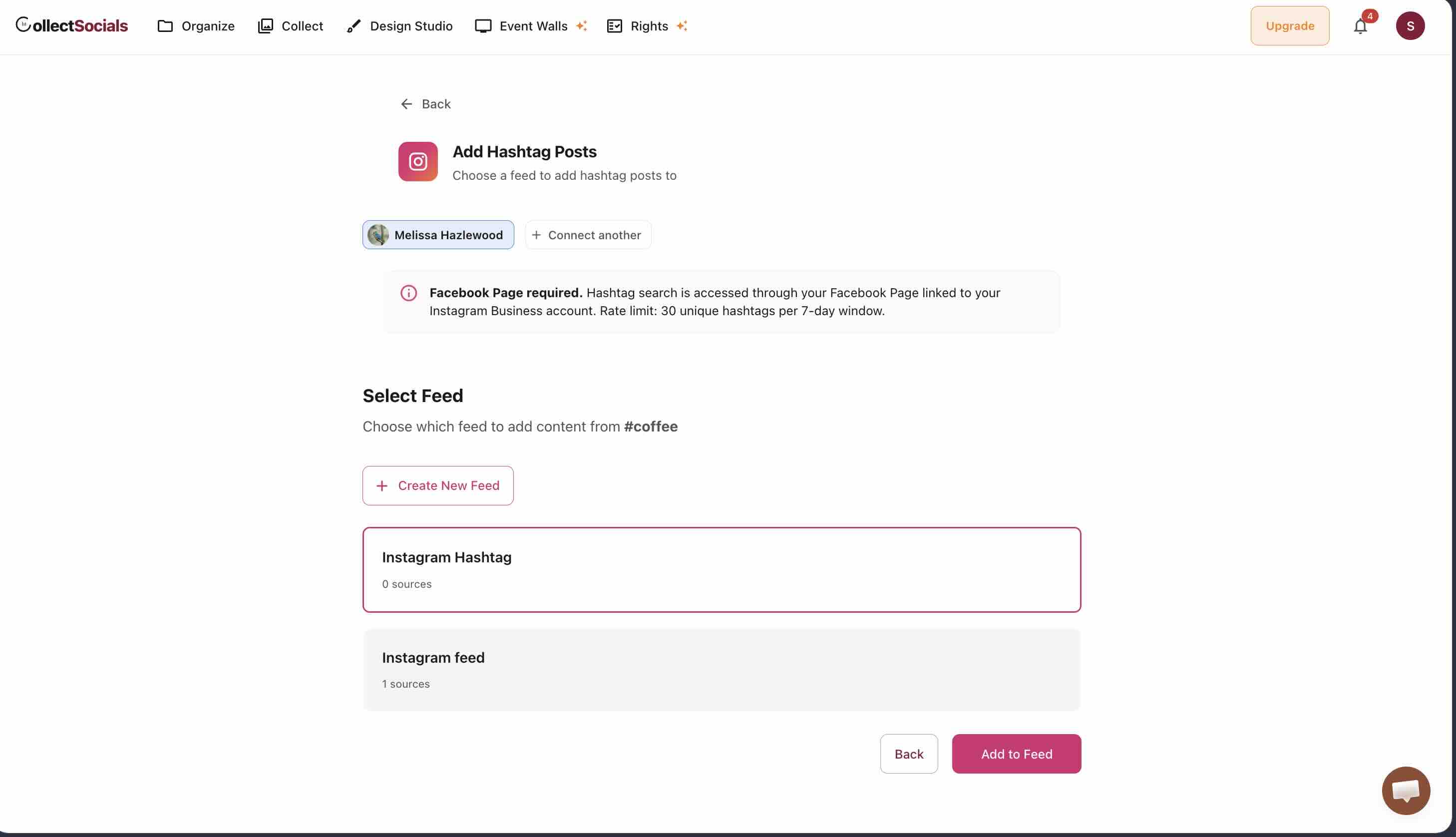 Choosing which feed the #coffee results are added to, with Instagram Hashtag and Instagram feed listed and an Add to Feed button