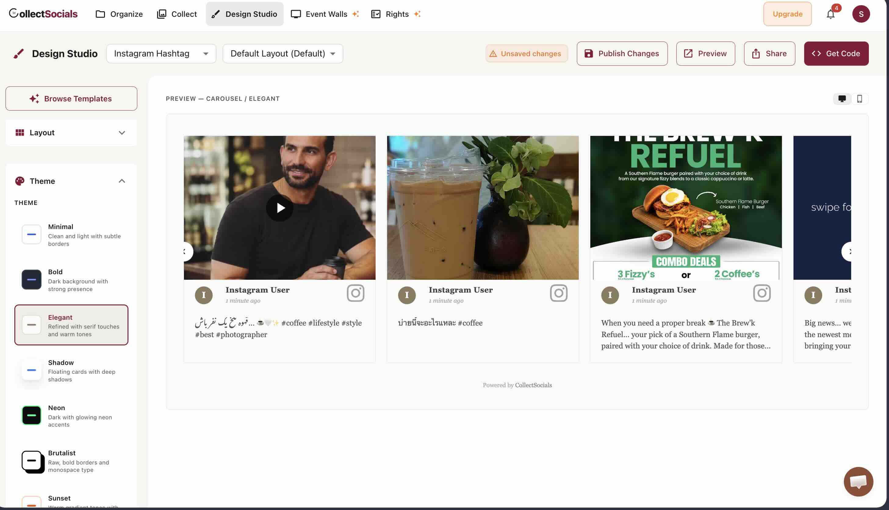 CollectSocialsのDesign Studioで、ハッシュタグフィードをElegantテーマのカルーセル表示にプレビューしている画面