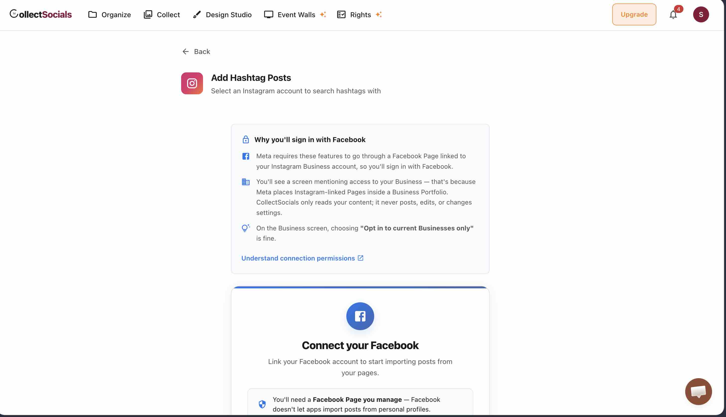 CollectSocialsの「Add Hashtag Posts」画面。Metaがハッシュタグ検索をInstagram Businessアカウントに連携したFacebookページ経由で提供していることの説明と、Connect your Facebookのカードが表示されている