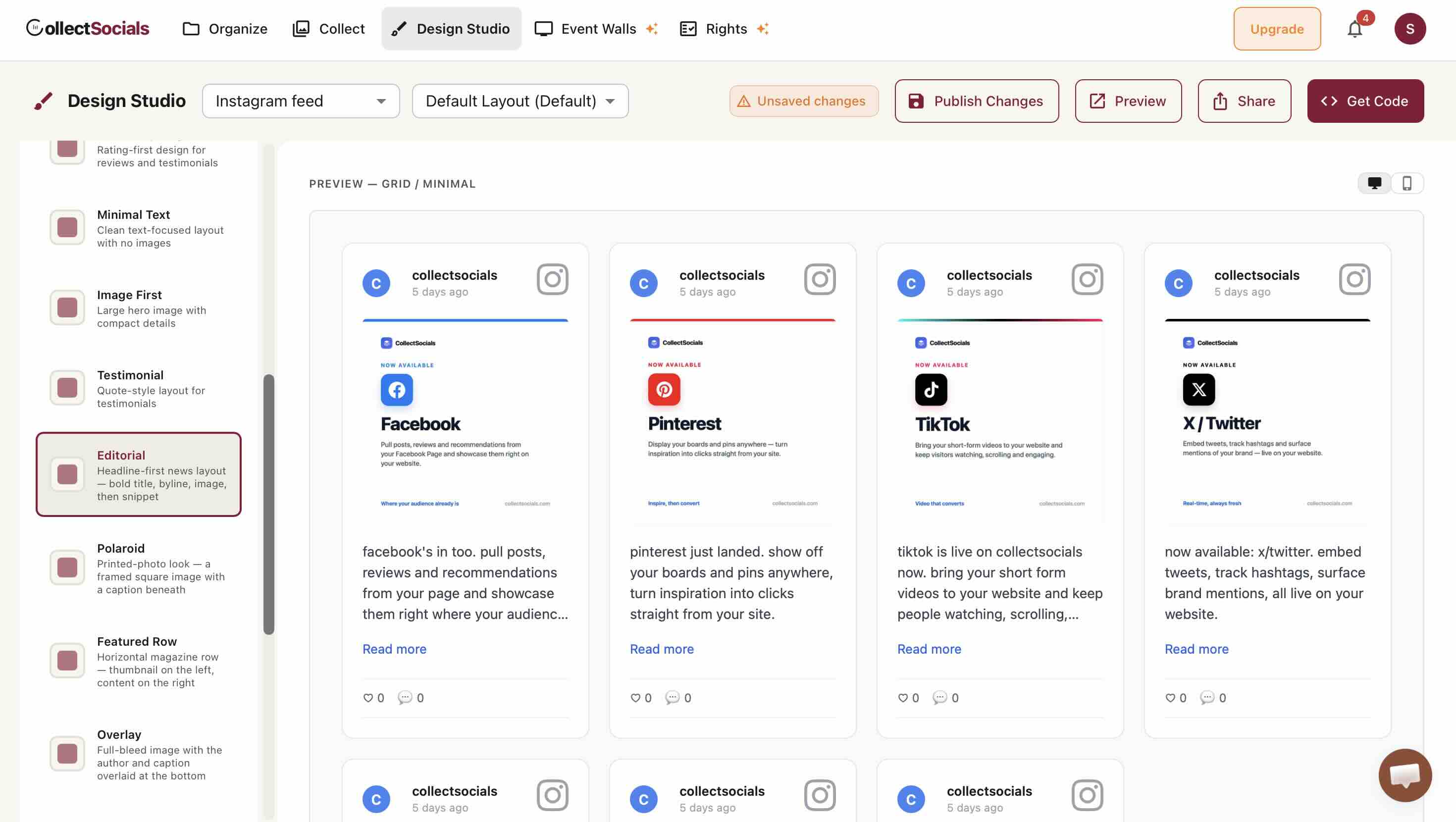 Design Studio previewing the Instagram feed in the Editorial card template, with the layout list on the left and Get Code top right