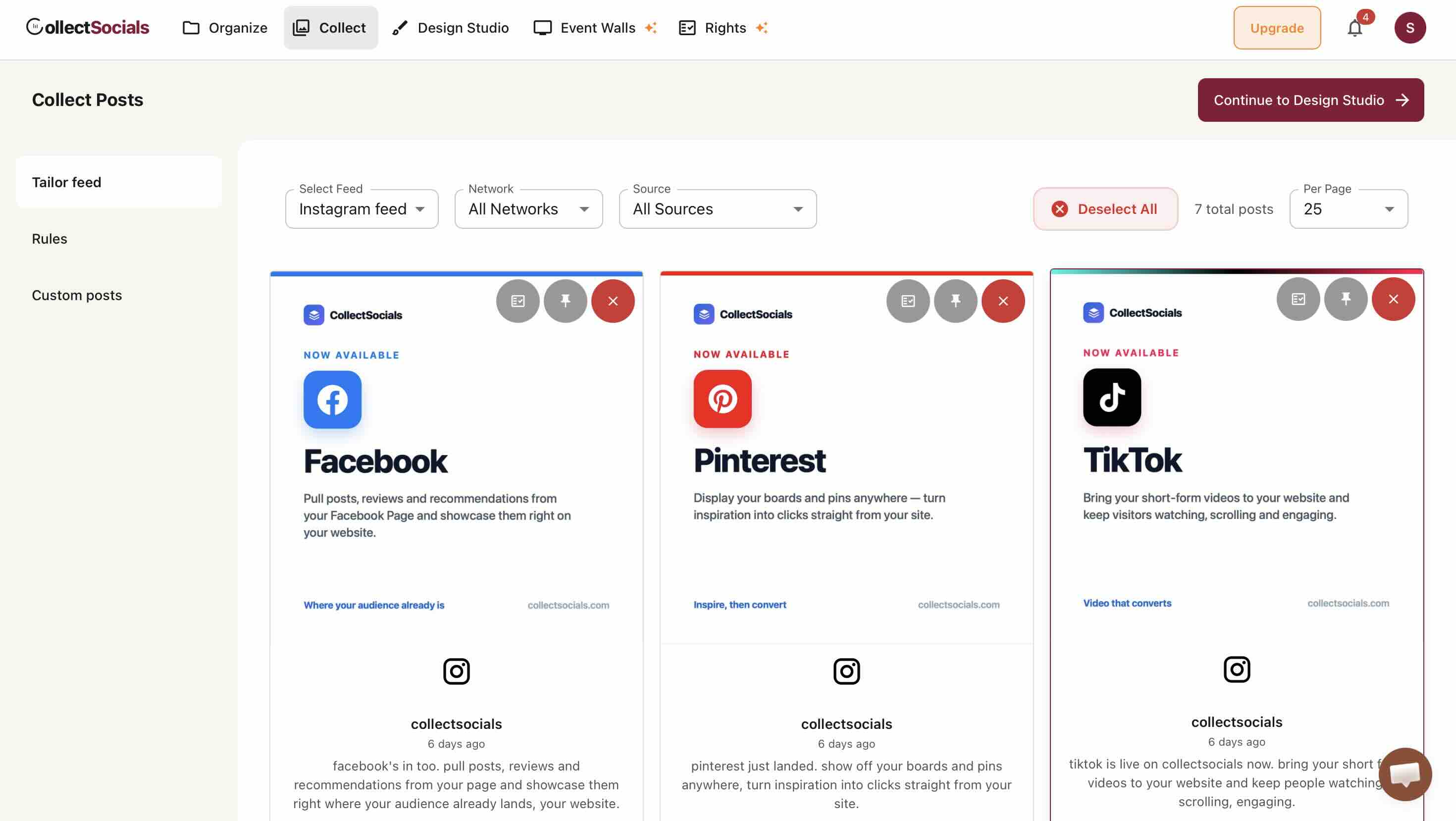 Collect Posts view listing seven imported Instagram posts as cards with approve, pin and remove controls on each