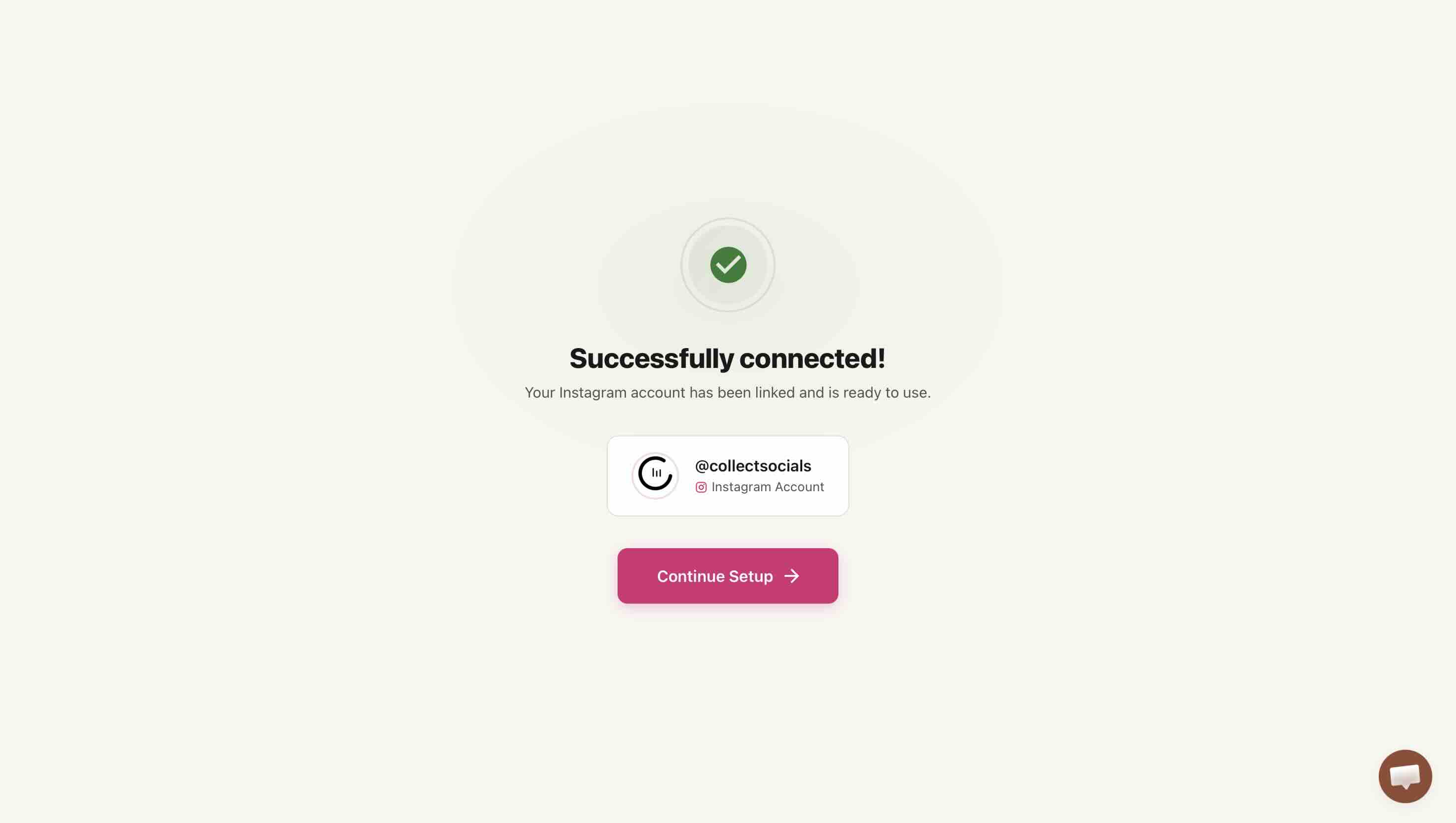 CollectSocialsの「Successfully connected!」画面。接続されたInstagramアカウント@collectsocialsのカードとContinue Setupボタンが表示されている