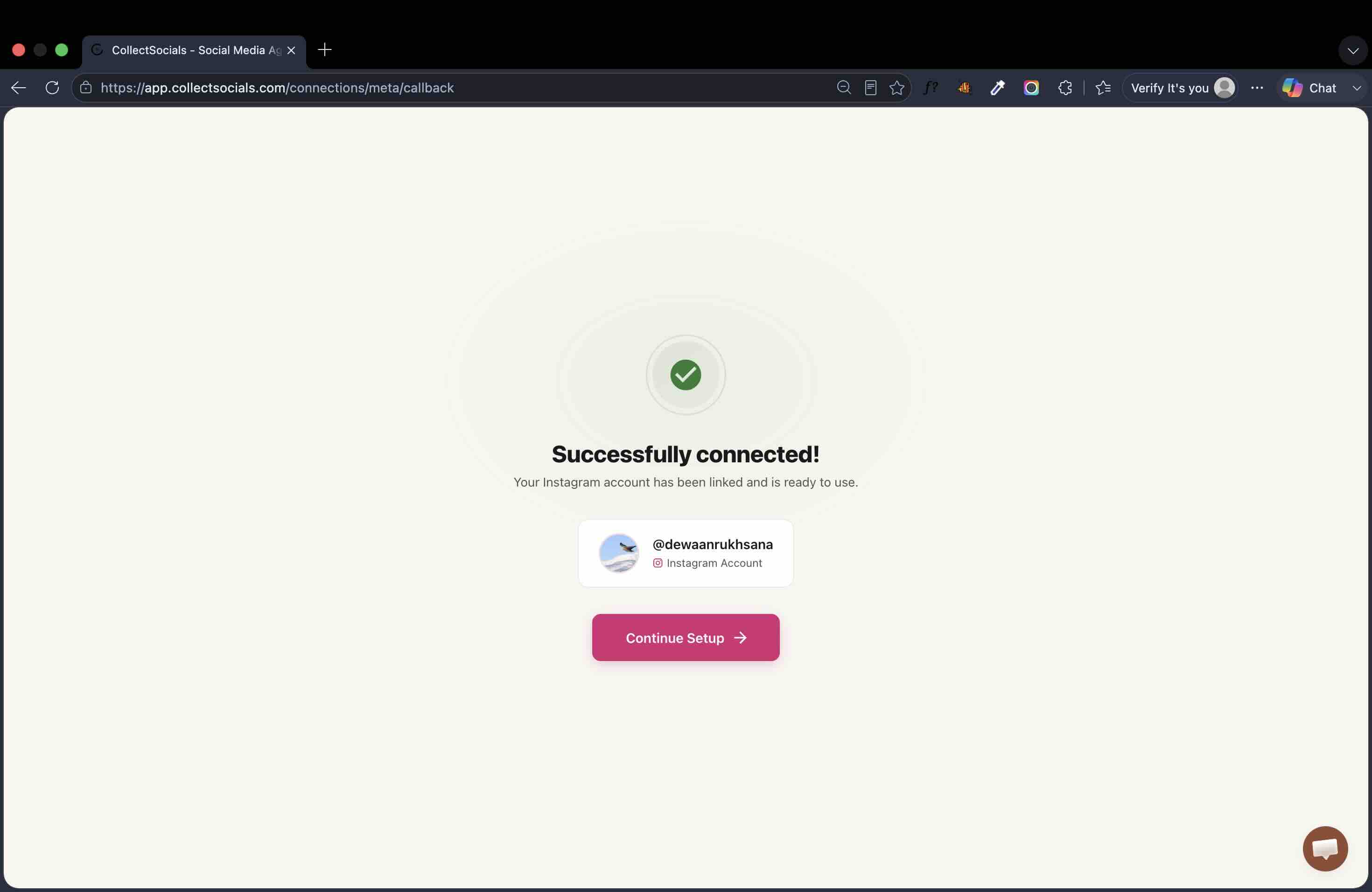 A Successfully connected confirmation showing the linked @dewaanrukhsana Instagram account with a Continue Setup button