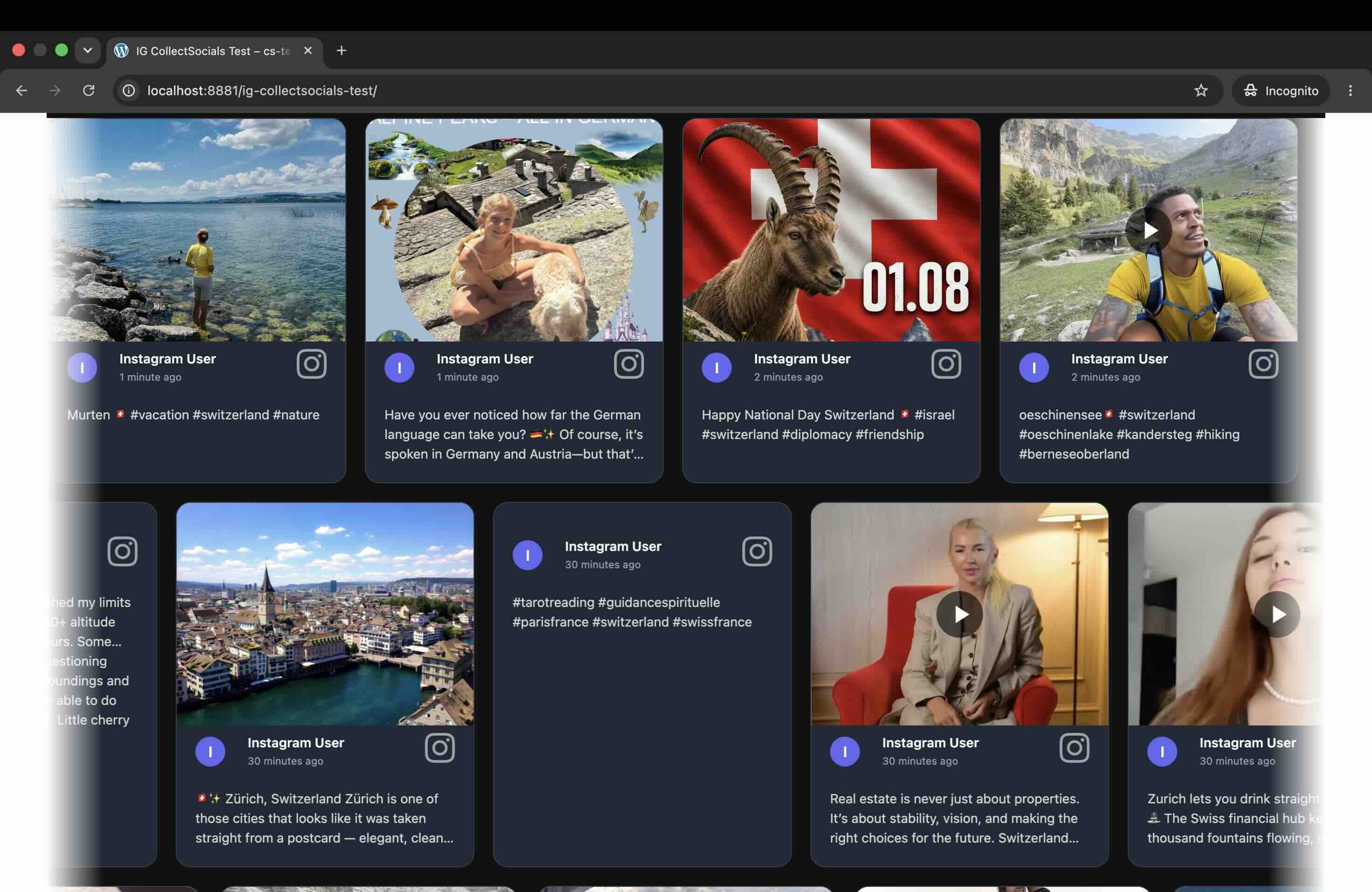 The CollectSocials Instagram feed rendering on the published WordPress page in Chrome incognito, showing photo and video cards with captions and hashtags