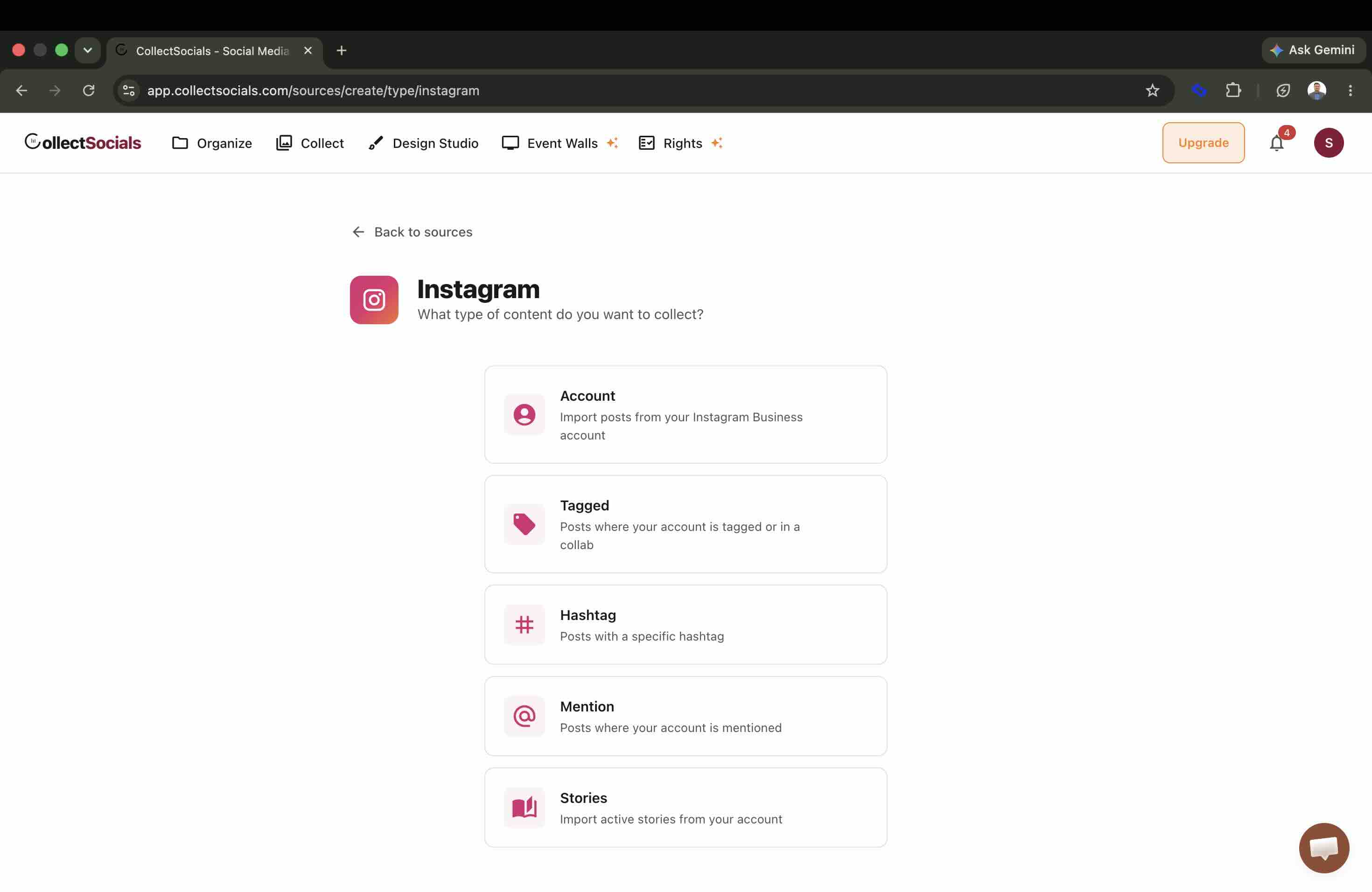 CollectSocials Instagram source picker offering five content types: Account, Tagged, Hashtag, Mention and Stories