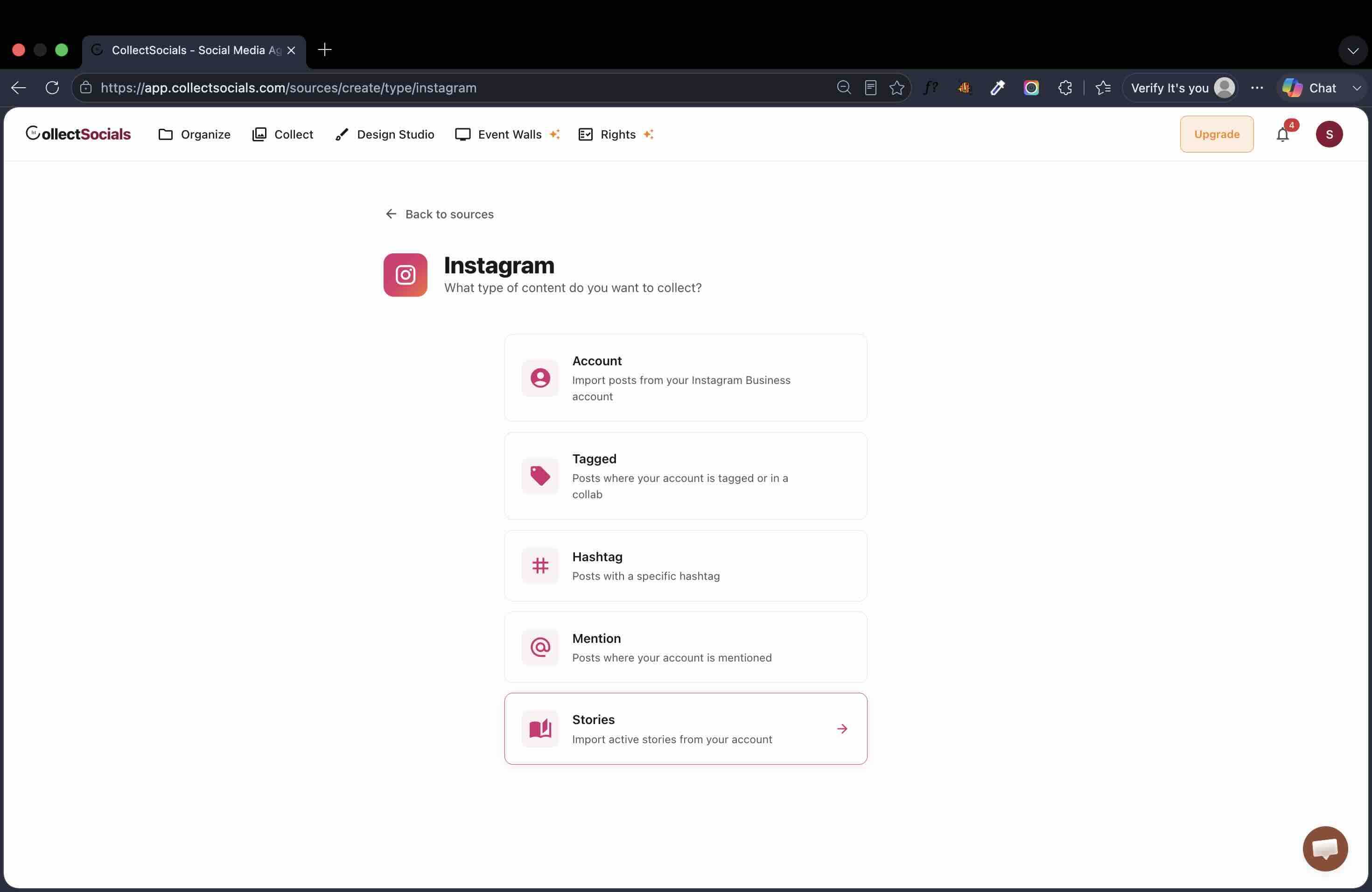 The Instagram source-type picker listing Account, Tagged, Hashtag, Mention and Stories, with Stories highlighted and described as "Import active stories from your account"
