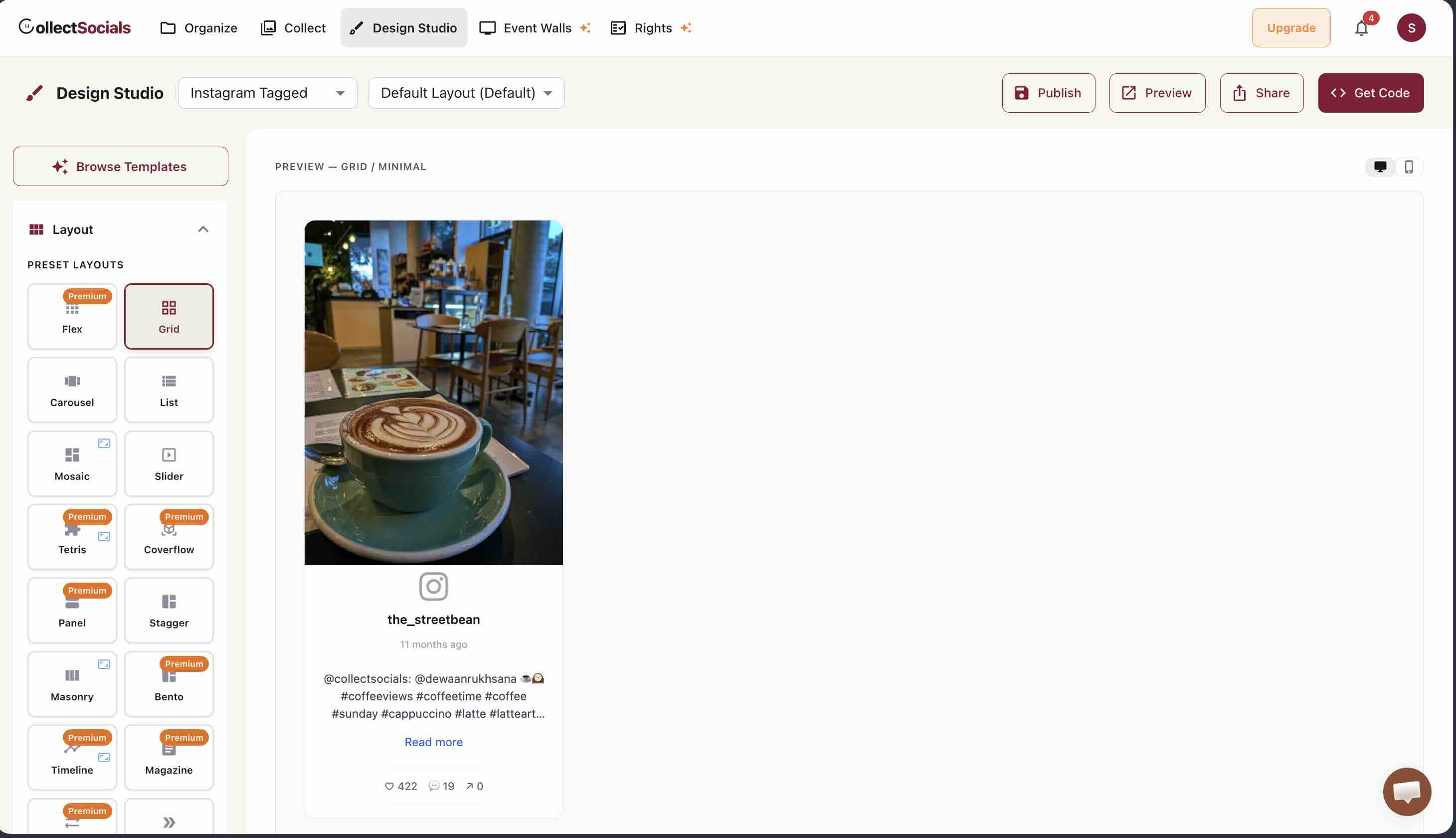 CollectSocialsのDesign Studioで、Instagram Taggedフィードに取り込まれた11か月前の投稿がグリッドレイアウトのカードとしてキャプション・いいね数・コメント数つきで表示されている