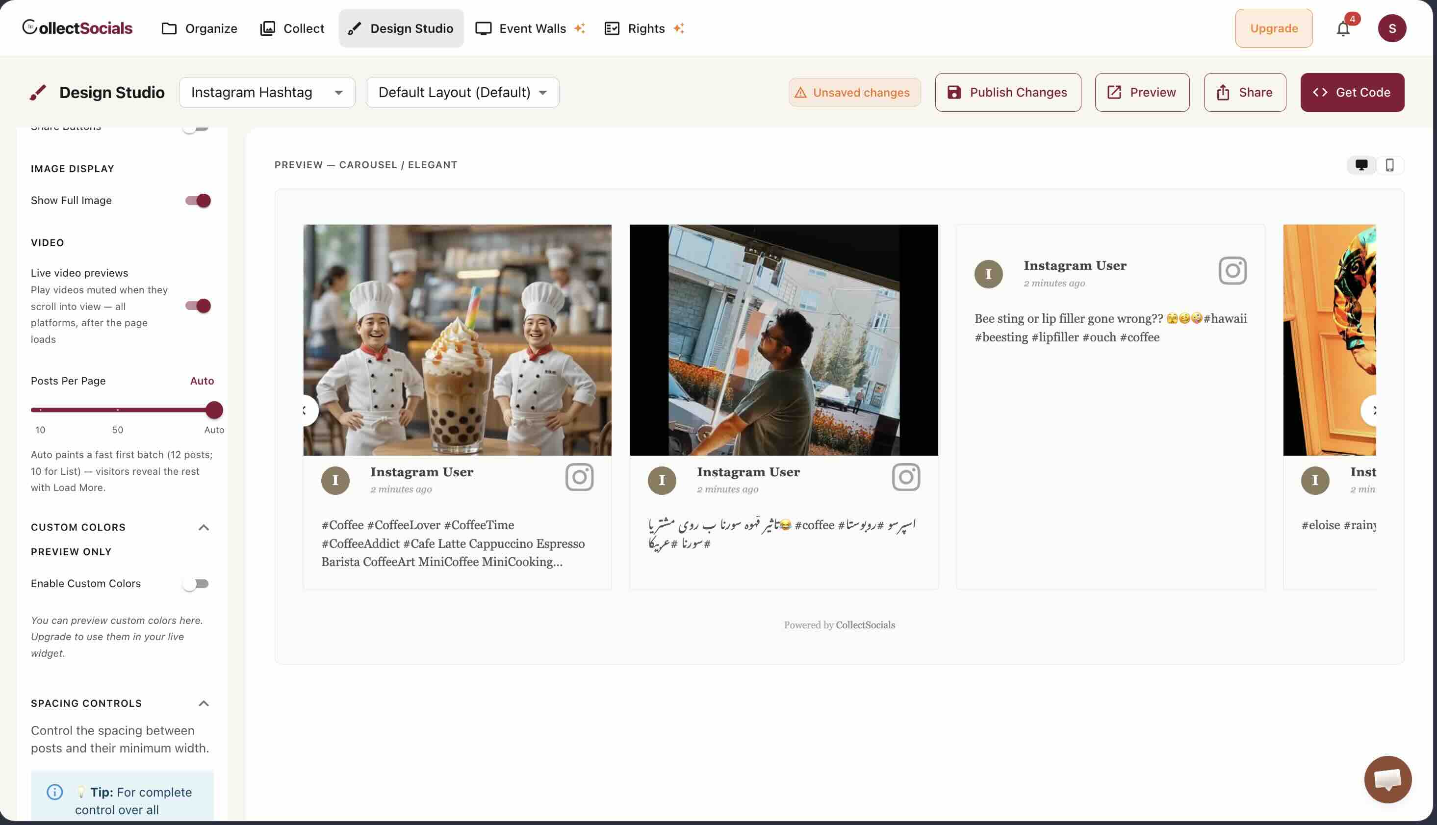 Design Studio options panel with Live video previews enabled and Posts Per Page set to Auto, described as painting a fast first batch of twelve posts