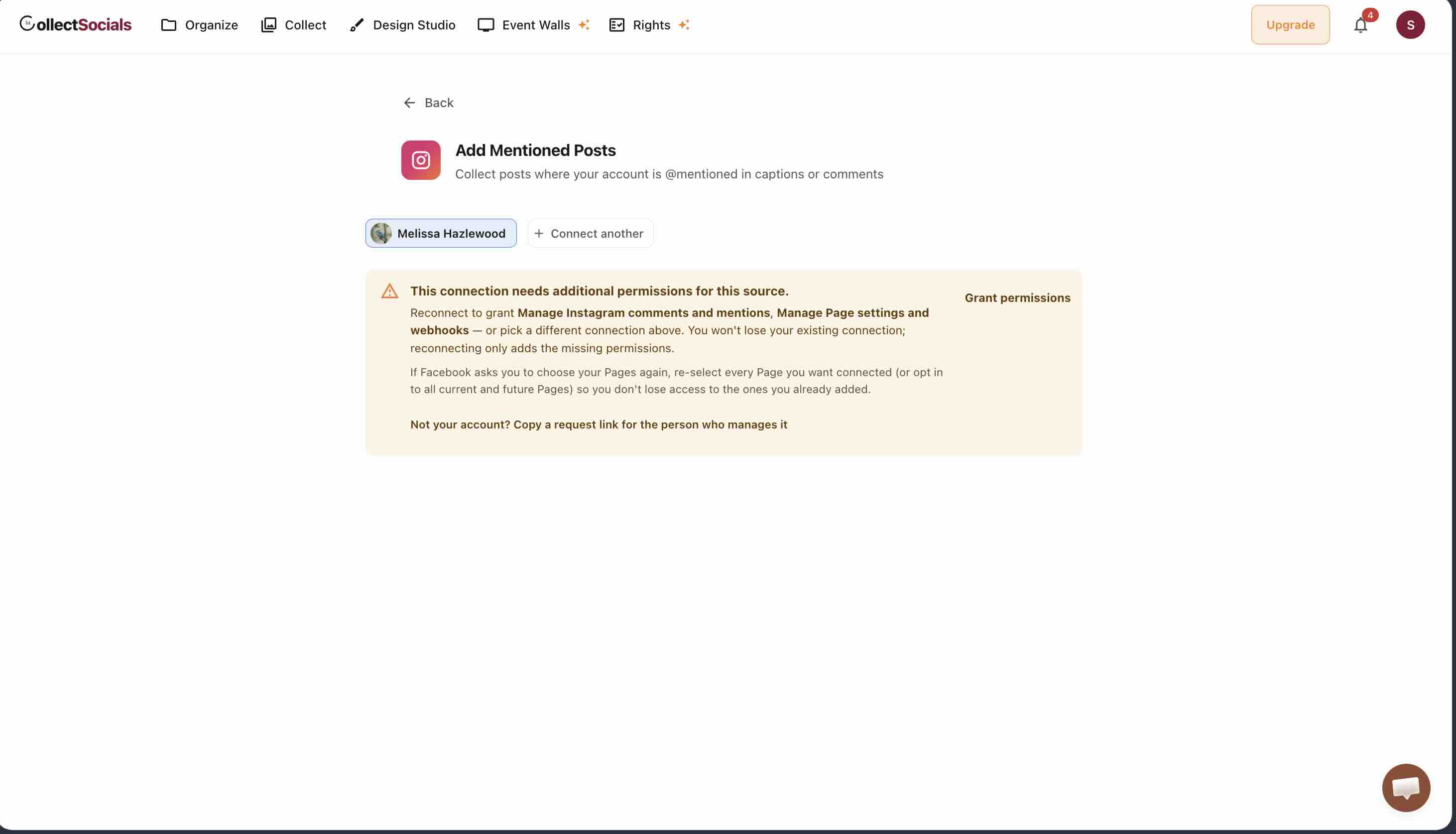 CollectSocialsの警告表示。この接続にはInstagramのコメントとメンションの管理、ページ設定とwebhookの管理という追加権限が必要で、再接続で不足分だけを付与できると案内されている