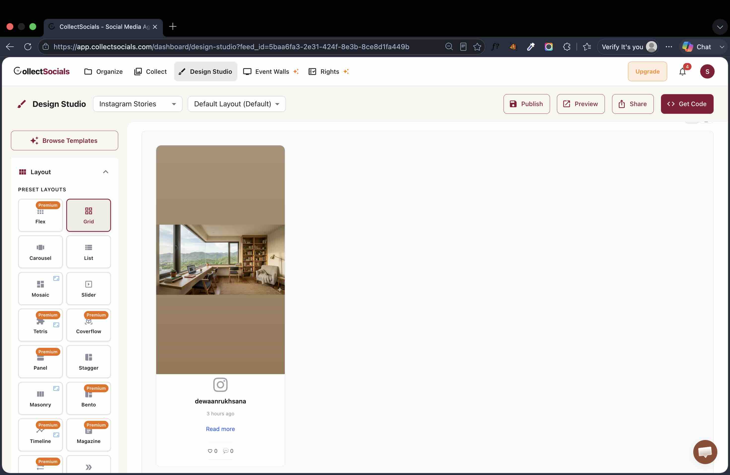 Design Studio open on the Instagram Stories feed with Grid selected in the preset layout list and the story rendering as a tall card with the account name, its age and engagement counts