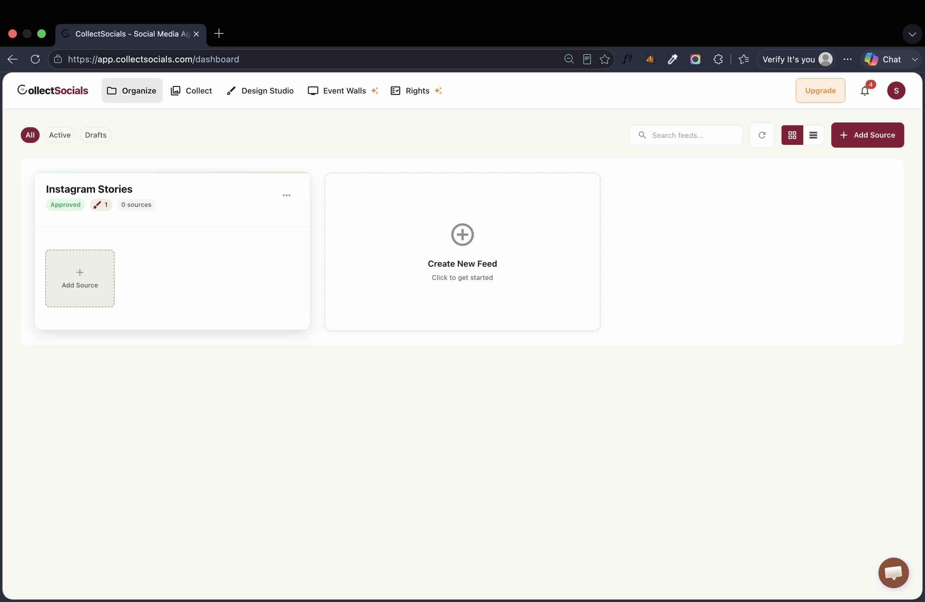 The dashboard after creating the feed, showing an Instagram Stories card marked Approved with 0 sources beside an Add Source tile